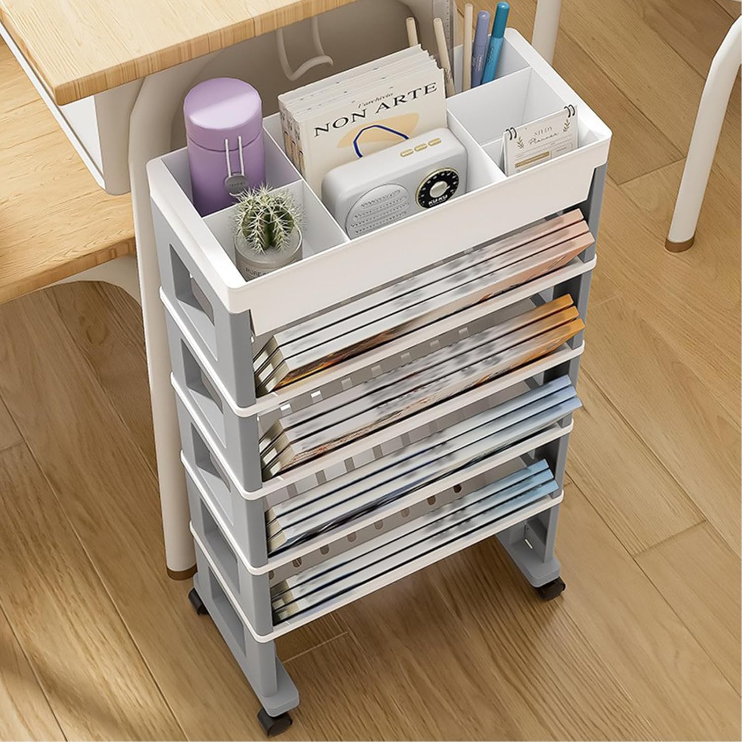 Book cartMobile Bookshelf Rolling cart 5-Tier Plastic Mobile Bookshelf with Wheels Utility Storage cart for Office, Dorm, Classroom,Library, Living Room,Gray,5 Tier