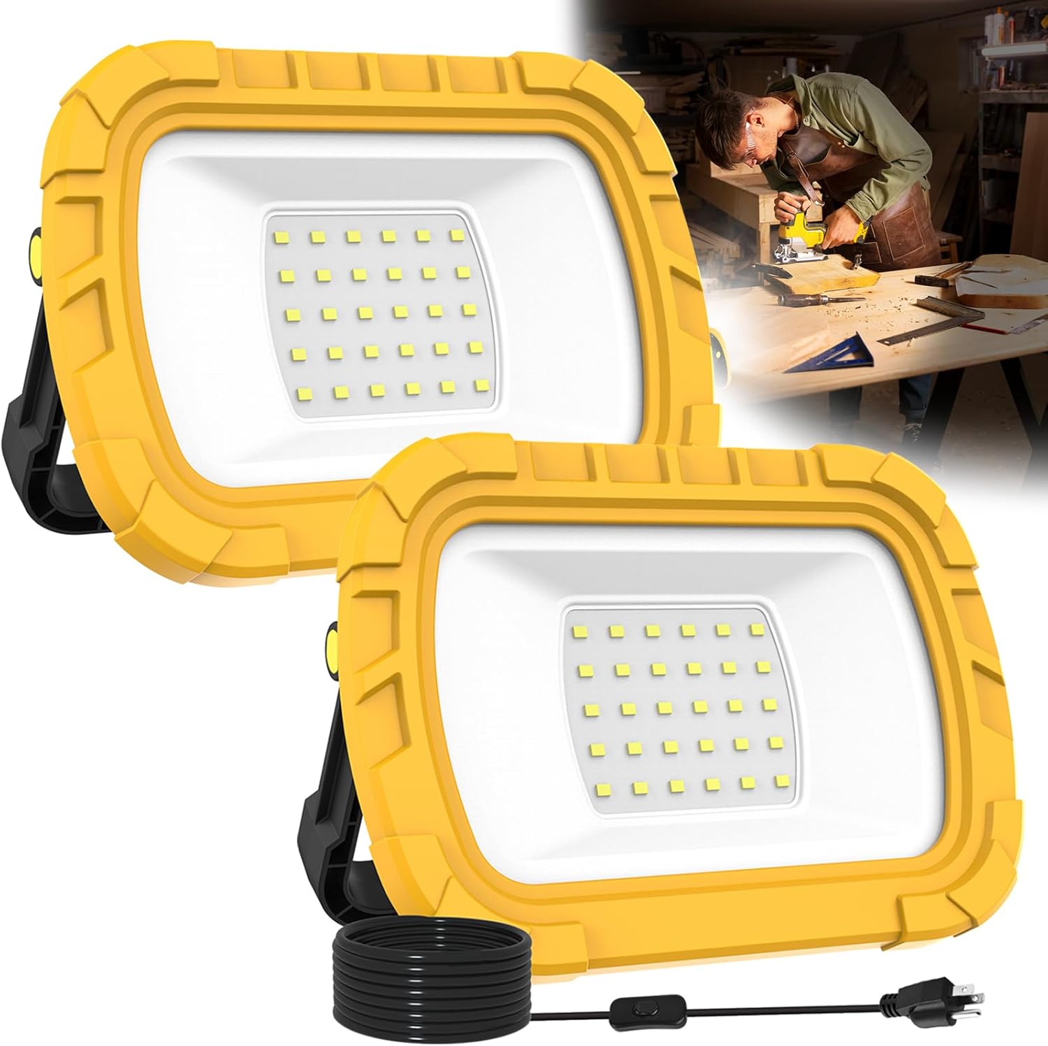 LED Work Light, 1100LM 6500K Portable Work Light, Work Lights on Stand Rotatable Stand and Handle, 5.9FT Cord with Plug, Hook Design LED Flood Light for Workshop Garage, Construction 2Pack