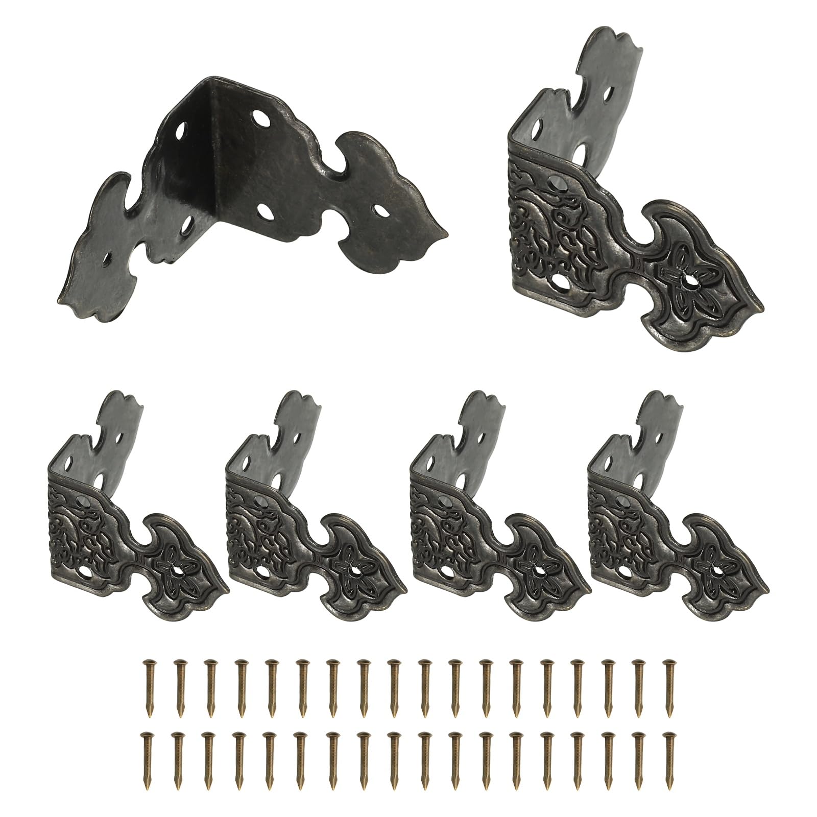 sourcing map 6 Pcs L Shaped Vintage Corner Protectors, 25 x 17 mm Decorative Guards, Protector Corner Braces with 36Pcs Nails for Cabinets Furniture Wooden Boxes, Black
