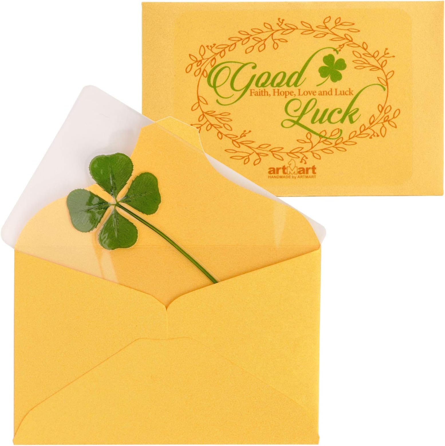 Genuine Real Four-Leaf Green Clover St. Saint Patric's Day Bookmarks Irish Shamrock Good Luck Charm for Smartphone Wallet Case Amulet Purse Coating Gift Thanks Card M