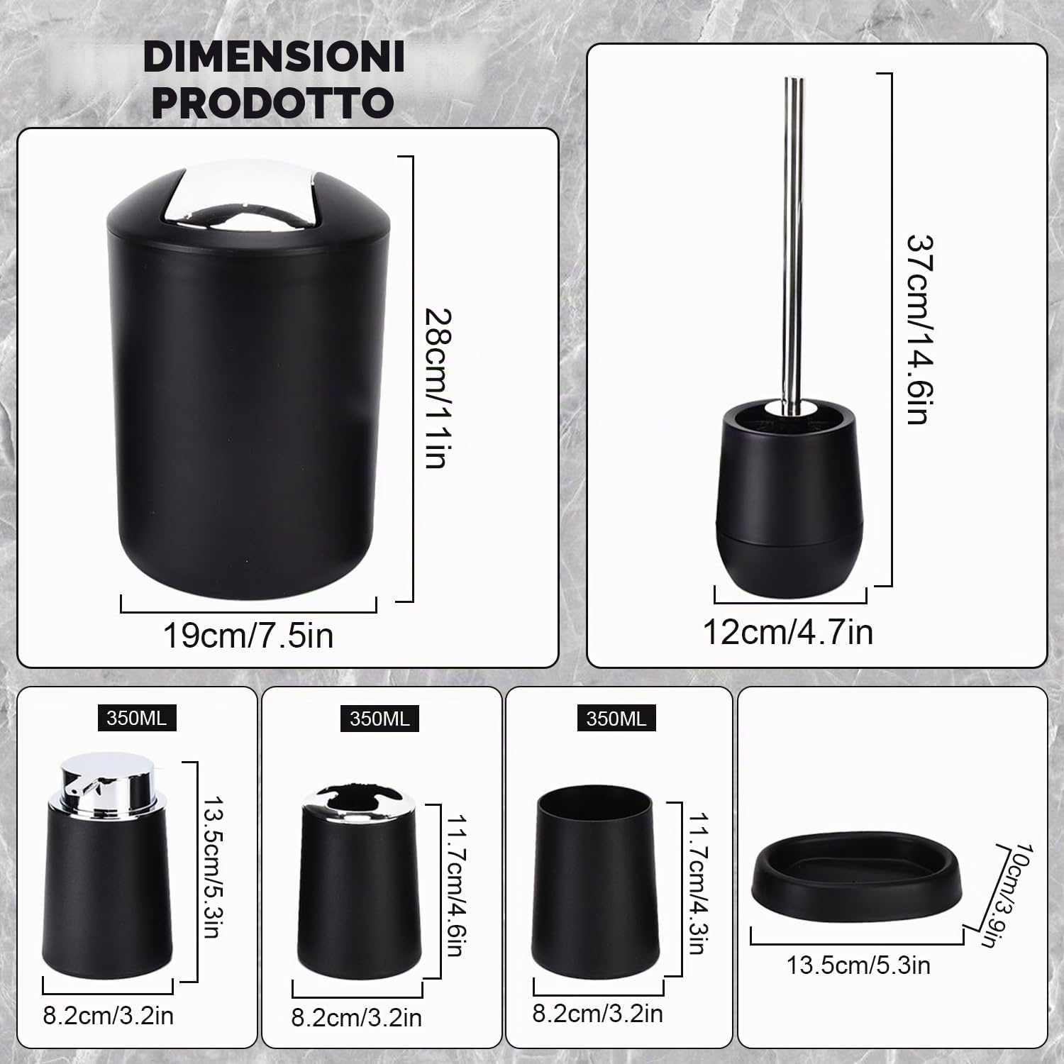 Tissting Set Completo Accessori Bagno 6 Pezzi Design Moderno Nero in PP Plastica con Pattumiera, Scopino, Portaspazzolino, Dispenser di Sapone per Lozione, Portasapone, Tazza