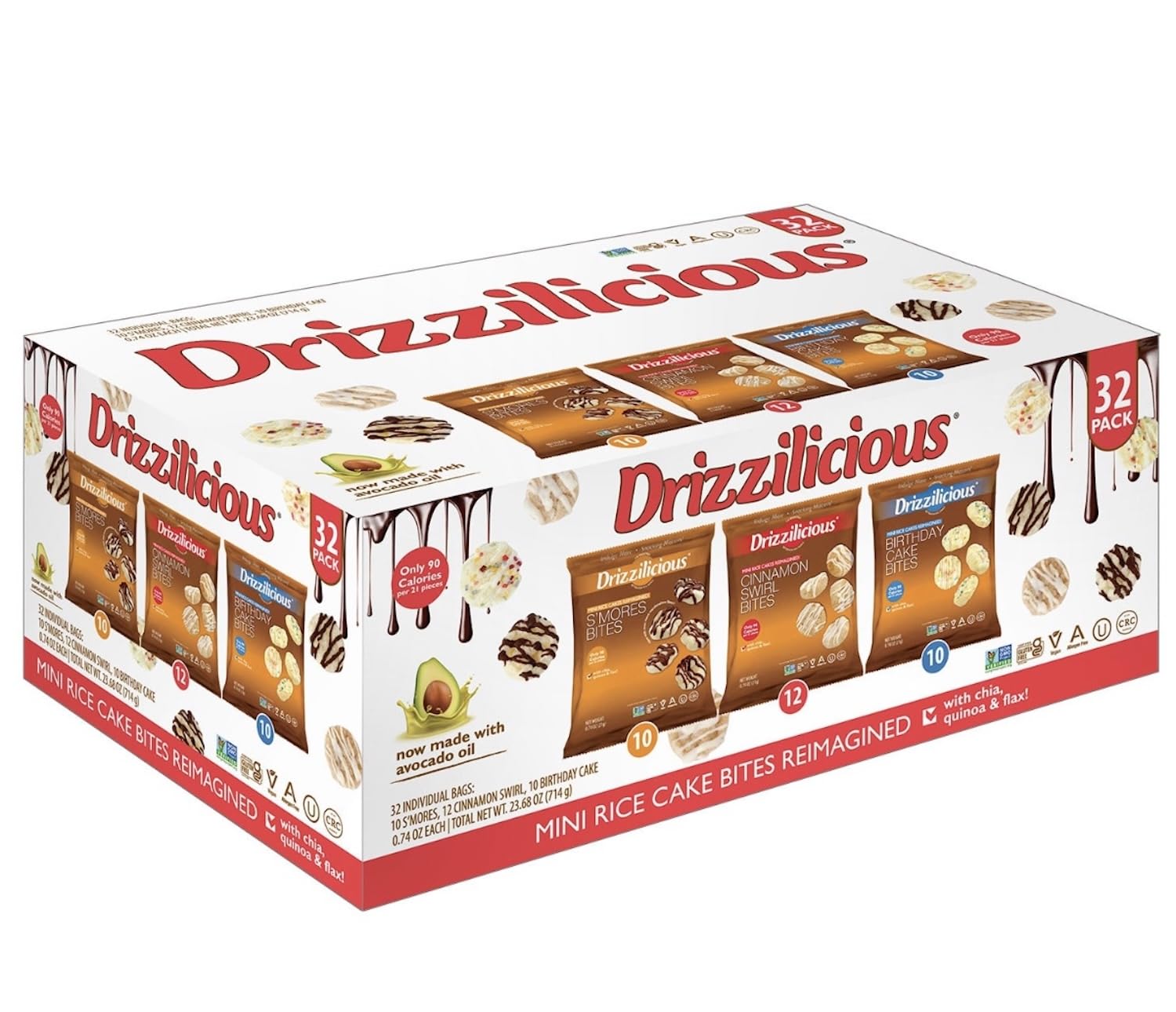 DrizziliciousMini Rice Cakes Variety Pack - S'Mores, Cinnamon Swirl, Birthday Cake - Rice Crisps, Healthy Snack for Adults and Kids, Flavored Rice Cakes, Vegan, Gluten Free, Allergen Free, Only 90 Calories Per Bag, Made with Avocado Oil - 0.74 oz (Pack of 32)