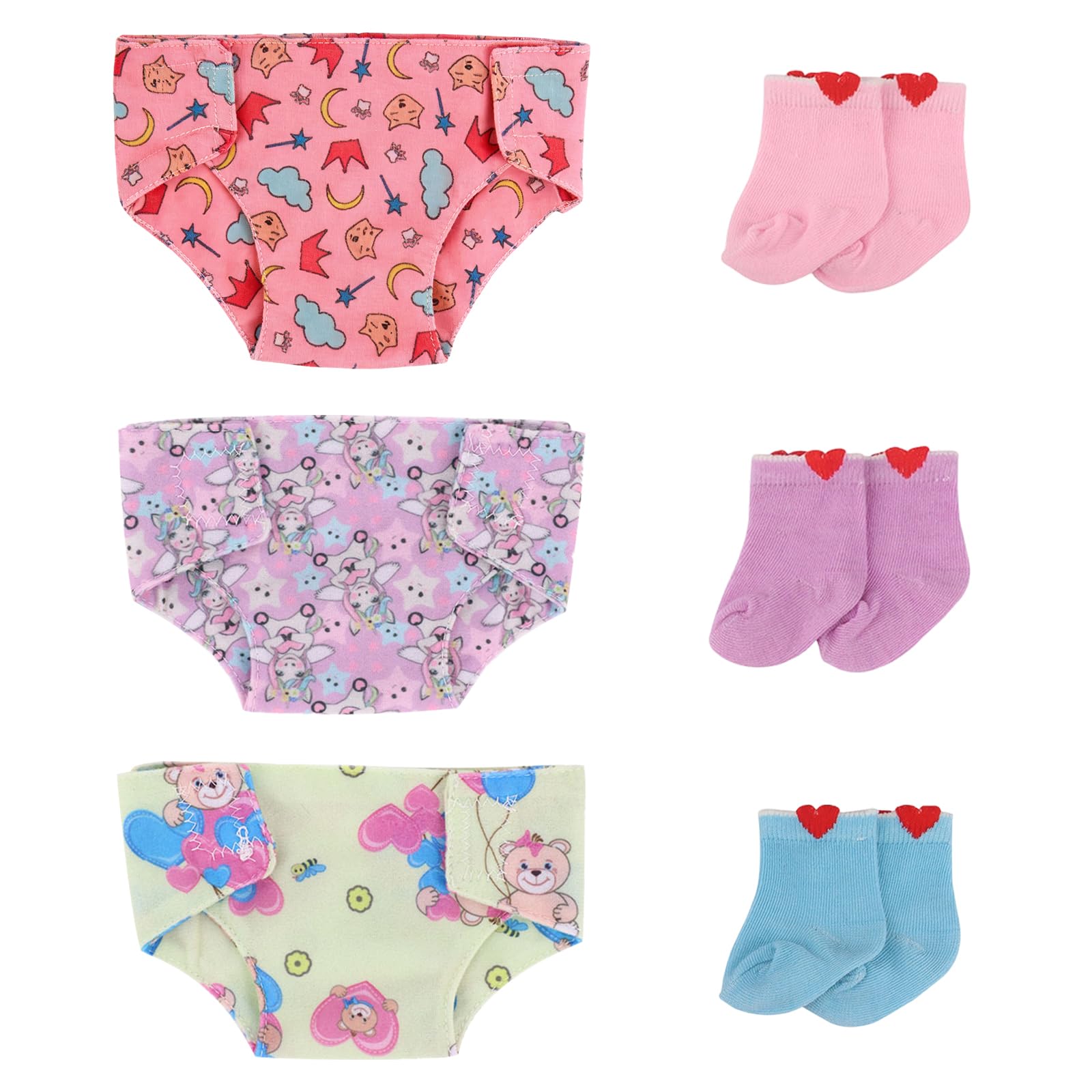 6 Pcs Doll Nappies Socks Set, 30-43cm Doll Accessories with Bear, Kitten, and Fairy Patterns, Doll Clothes Diapers for 14-17 Inch Dolls, Self-Adhesive Design, Easy for Children to Use