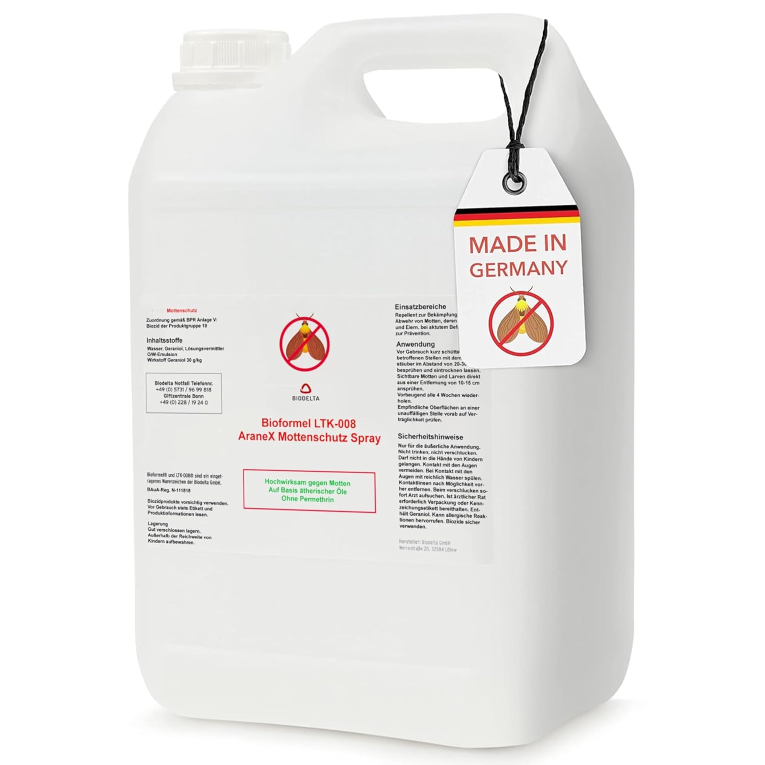 BIODELTA Mottenspray 5 l - Mottenabwehr für den Kleiderschrank | Mottenschutz für Kleiderschrank und Textilien - mit Langzeitwirkung - für den Innenbereich