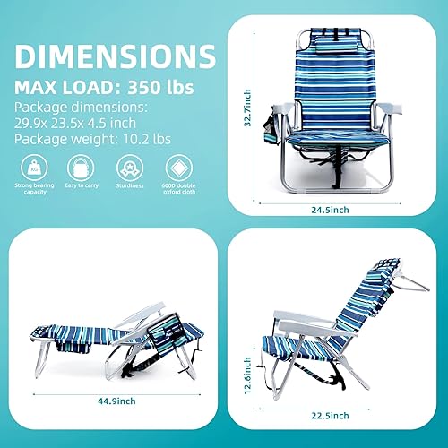 Miniatura 3 de Beach Chairs for Adults Heavy Duty, Compact Portable Lay Flat Folding Beach Chair with Backpack Straps and Large Cooler Pouch, Support to 350LBS