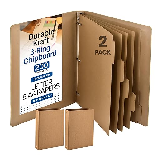 Performore 2 Pack of A4 CHIPBOARD Kraft Binders - Durable 12.4" X 9.45" X 1.3", Holds 200 Sheets, Includes 5 Separators for Organized Document Storage