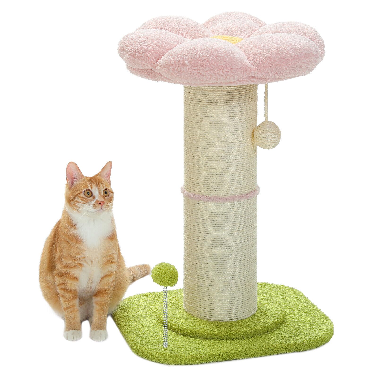 PAWZ Road Cat Scratching Post Cat Scratcher with Super Thick Scratching Post (Dia=14cm),Removable Fluffy Cat Bed, Sisal Covered Cat Activity Scratch Post and Dangling Ball for Indoor Cats Pink - Pink