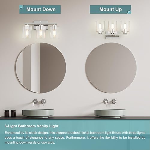 Miniatura 3 de Honesorn Lámparas de baño, 3 luces de tocador de baño, luces de tocador de baño de níquel cepillado para baño, lámpara de baño moderna con pantalla