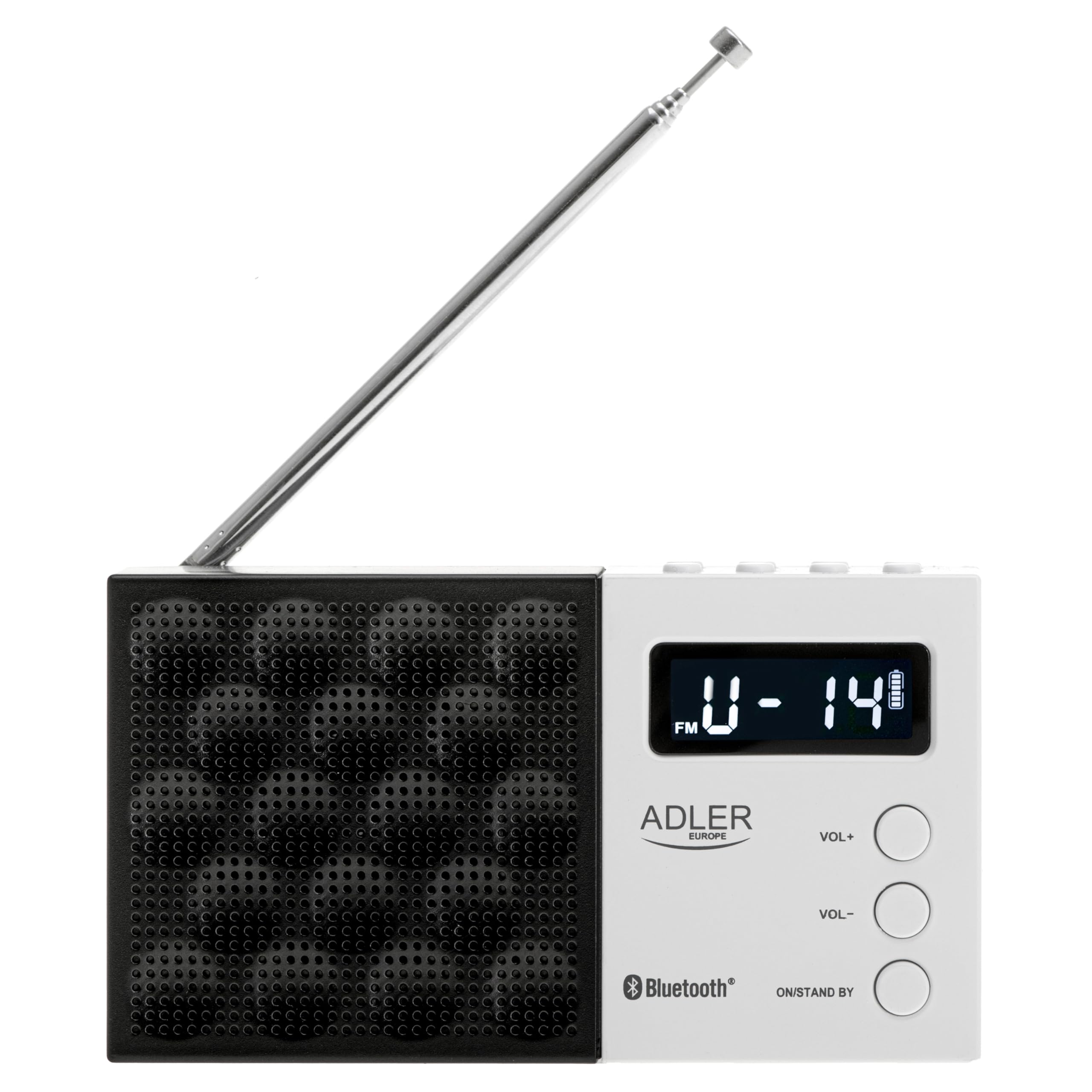 Adler Radio portatile digitale AD 1908, sintonizzazione PLL avanzata, FM con Bluetooth, schermo LCD, batteria rimovibile da 800 mAh, allarme, antenna telescopica, nero e bianco