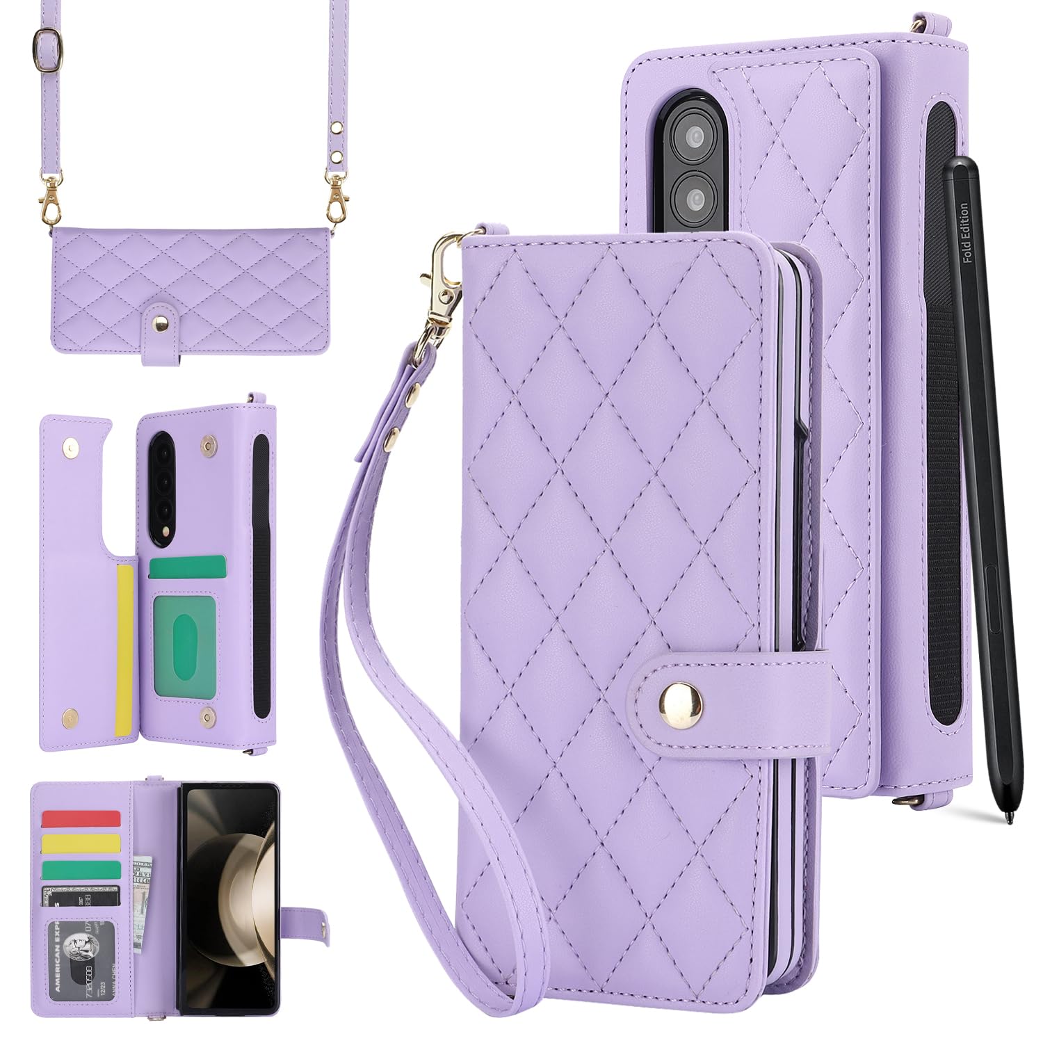 NINKI Compatible Samsung Galaxy Z Fold 3 Wallet Case with 4 Card Holder & S Pen Holder for Women,PU Leather Case for Samsung Z Fold 3 Stand Case for Samsung Galaxy Z Fold 3 Case with Strap Purple