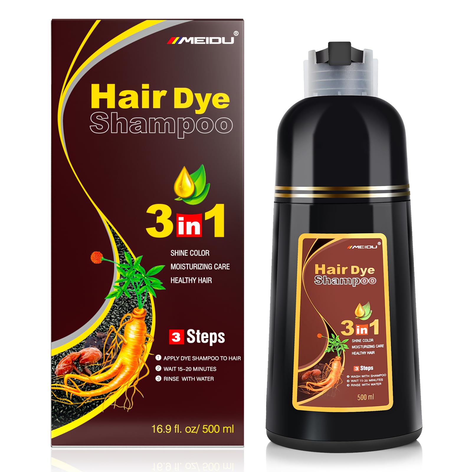 KINGMINGInstant Gray Hair Color Shampoo - 3 in 1 Herbal Chestnut Brown Hair Dye with 100% Coverage for Women & Men (500ml)