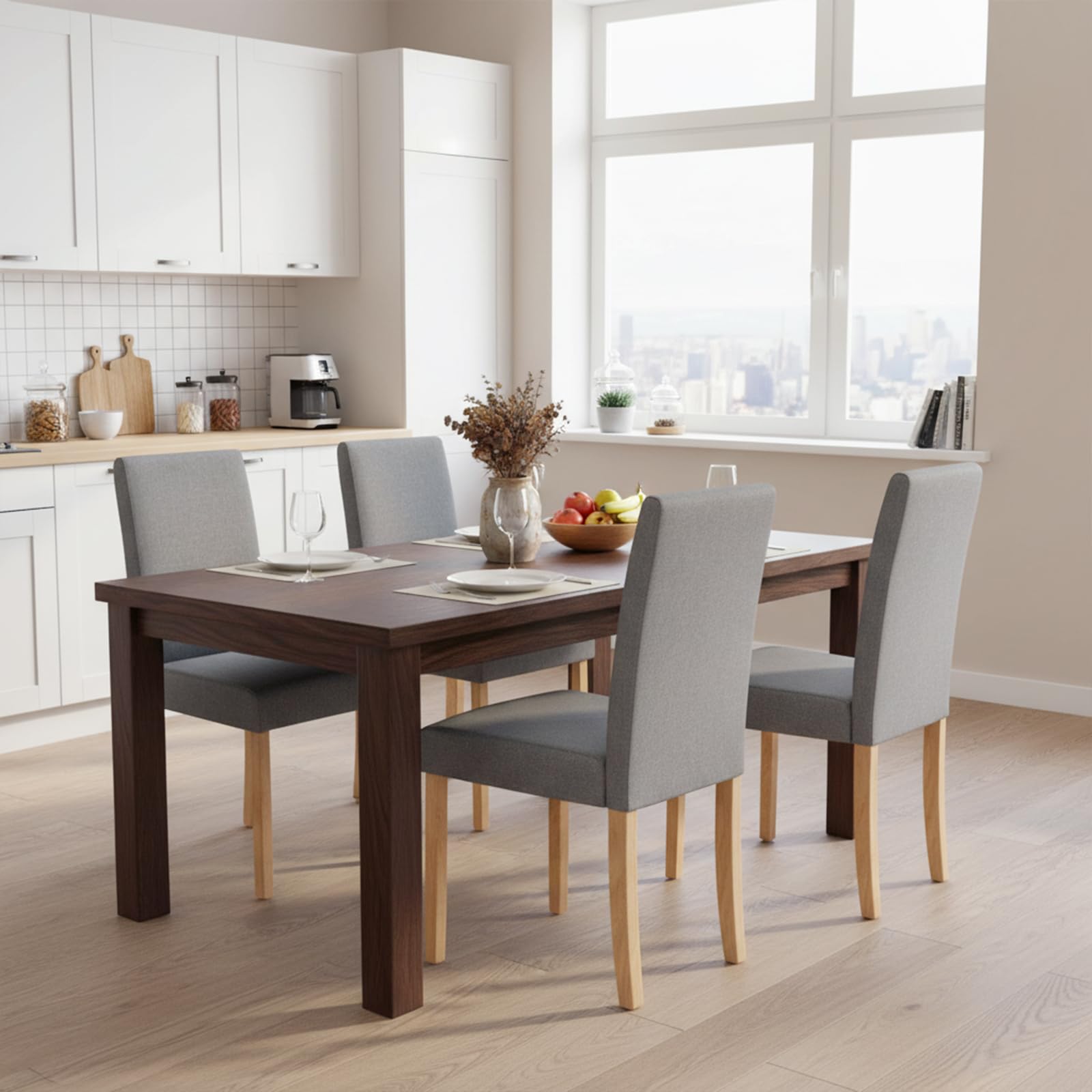 EGGREE Sedie da Pranzo Set di 2 Grigie Tessuto Lino Sedie Imbottite con Seduta e Schienale Spessi, Gambe in Legno di Gomma Resistenti, 43 × 46,5 × 92 cm, Design Moderno per Cucina e Sala da Pranzo