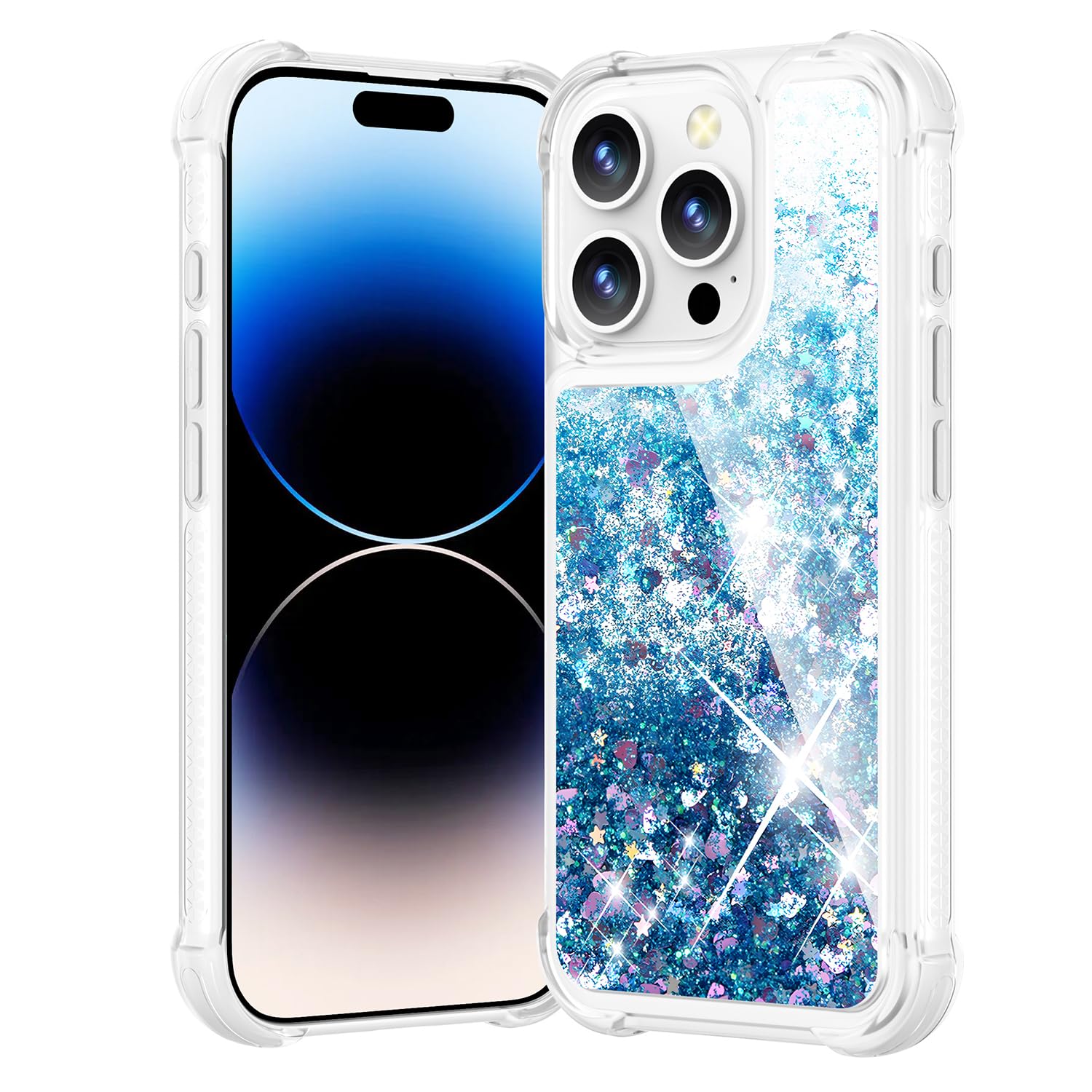 Coque iPhone 13 Pro Max paillettes cadeau transparent antichoc bleu