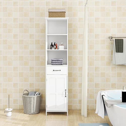 Miniatura 3 de Armario de baño con estantes ajustables, armario de almacenamiento de piso independiente con dos puertas de vidrio, estantes de exhibición, armario