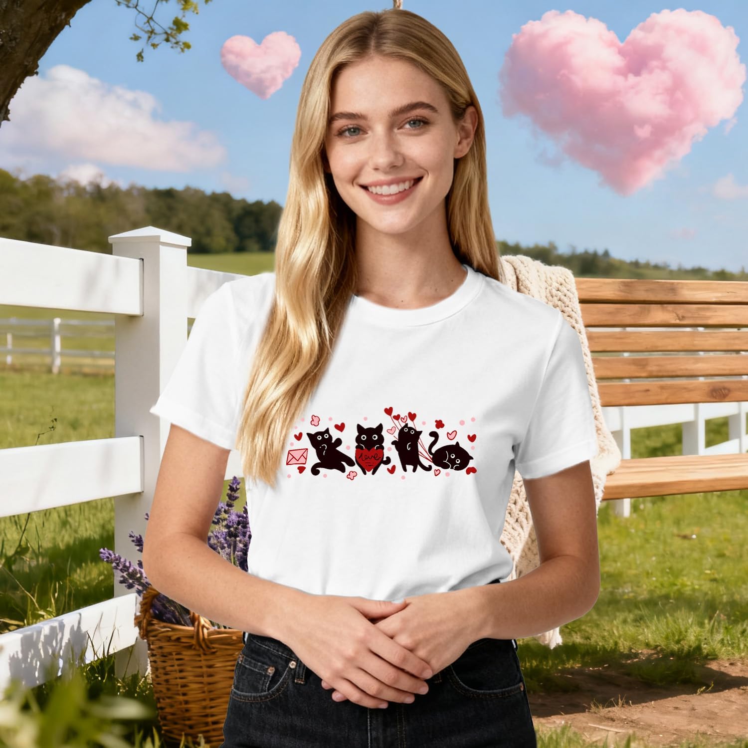 Womens Valentines Day Shirt Valentines Shirt Black Cats Love Heart T-Shirt - Image 4