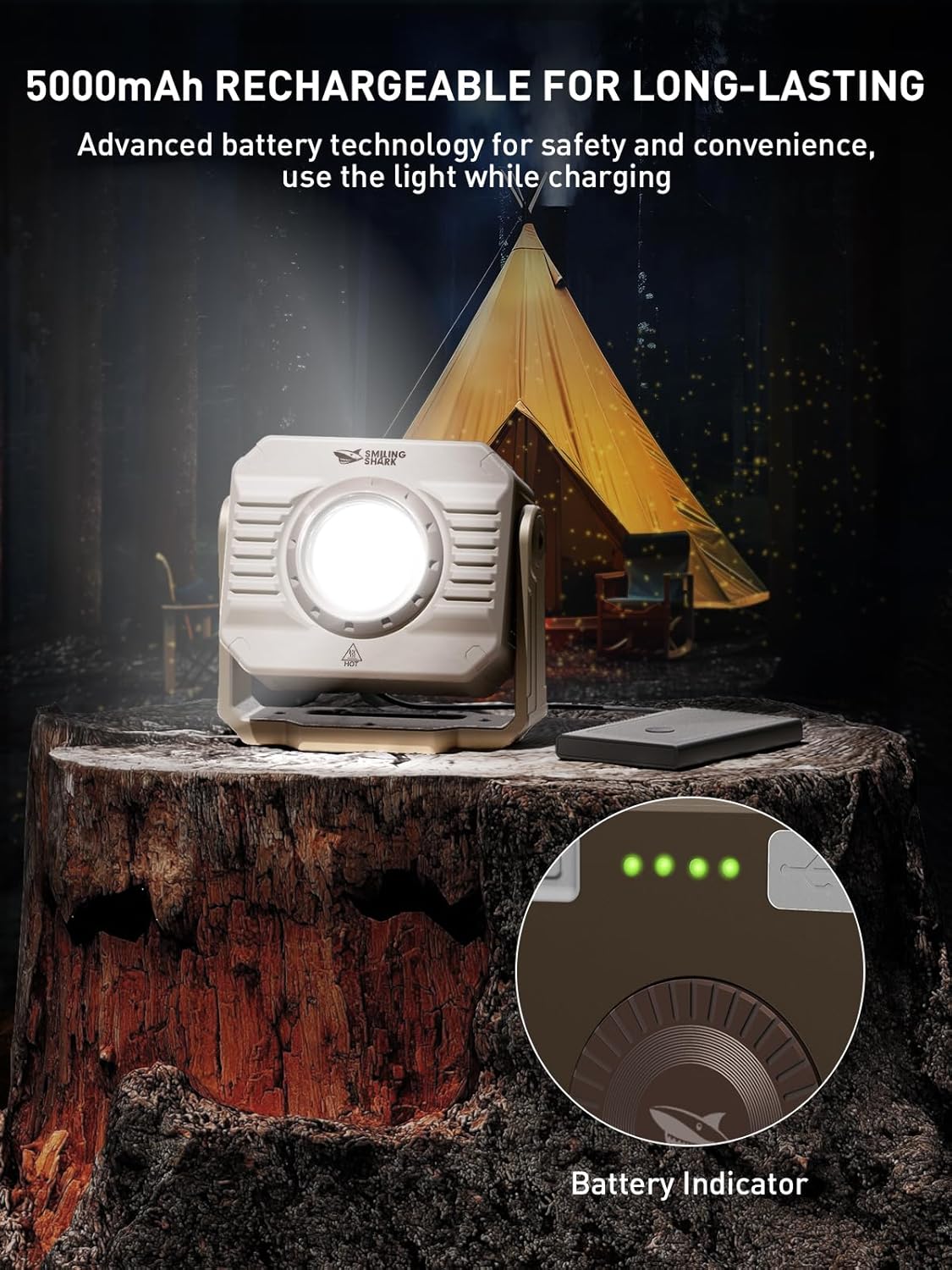 Smiling Shark Portable Working Lights, 5000mAh Rechargeable LED Work Light Dimmable 3 Light Mode with SOS Strobe 360°Rotatable Magnetic COB Worklight Job Site Lighting for Garage Repair Camping Hiking