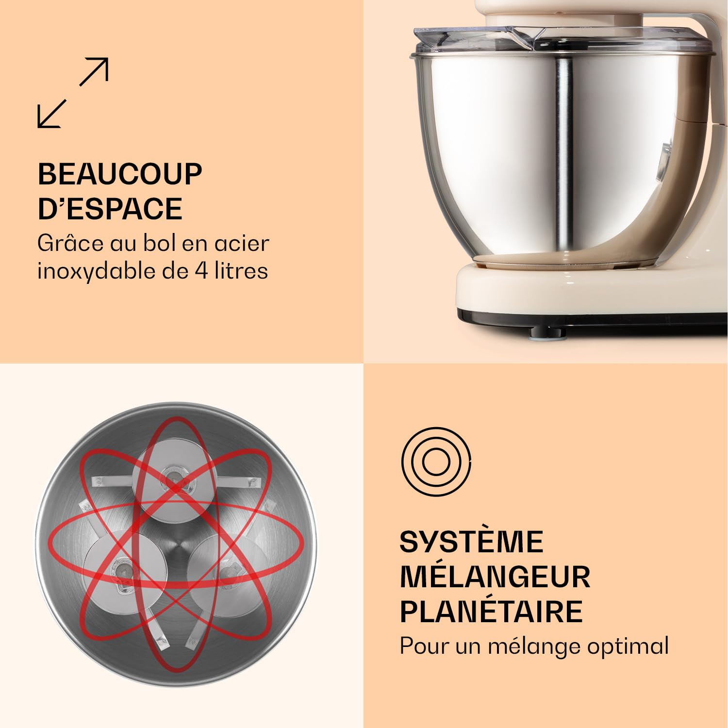 Klarstein Bella Robot Patissier 1200 W, Bol Inox 4 L, Systeme de Melange Planetaire, 6 Vitesses, Fonction Pulse, 3 Accessoires, Creme