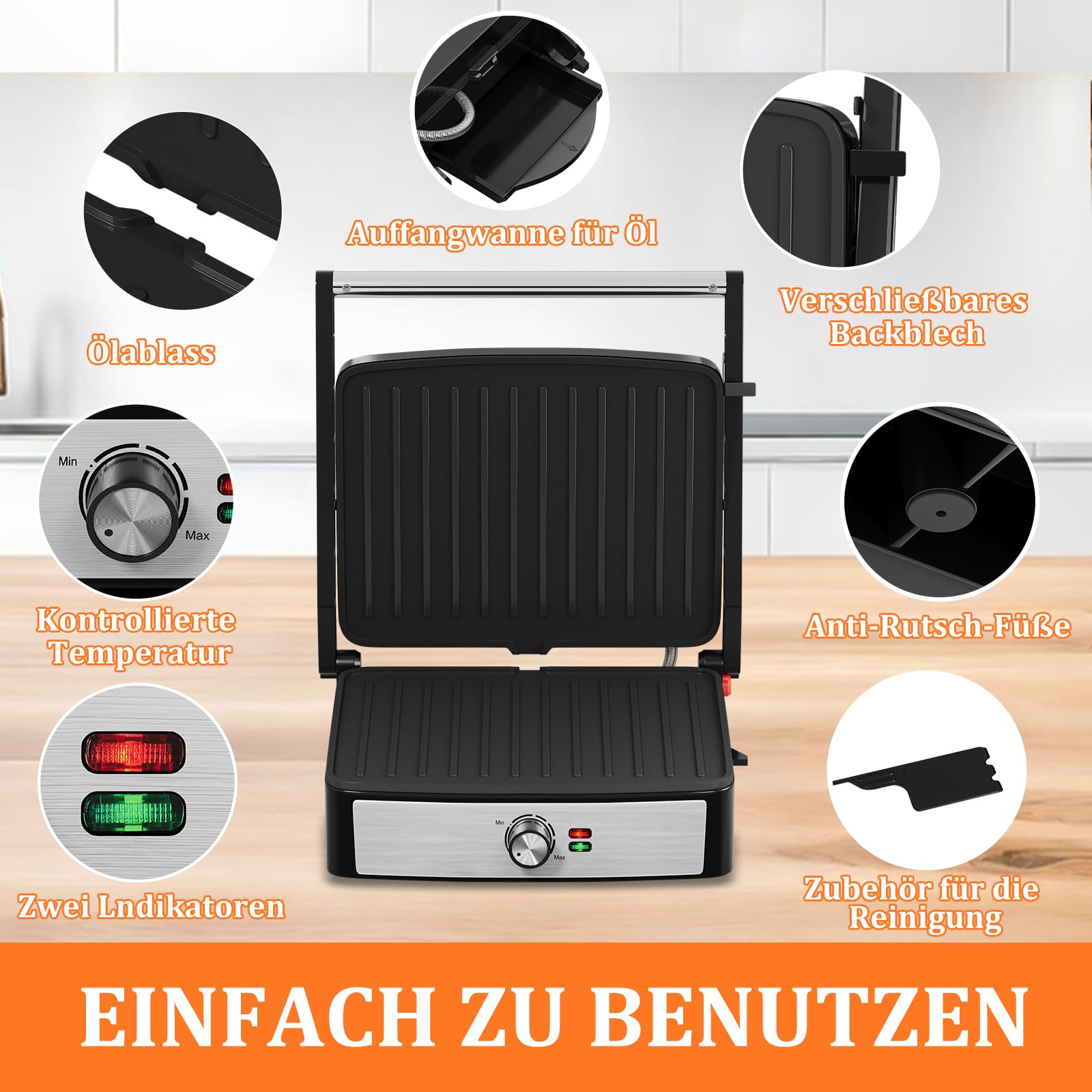 HOMELUX Griglia a contatto, panini e panini Grill 2200 W, per grigliare senza grassi, toastie, bistecca, panini maker con piastre antiaderenti 29 x 23 cm, apertura a 180°, raschietto per pulizia