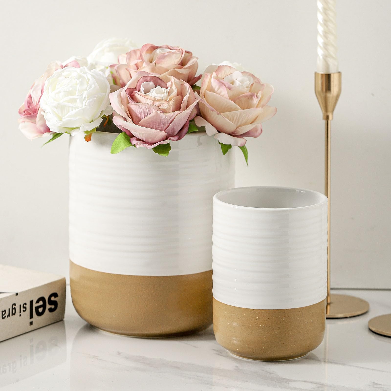 HASENSE Keramik-Utensilienhalter für Theke, 18,8 cm + 14 cm, großer Küchenutensilien-Organizer für Küchenutensilien, weißer Kochutensilien-Topf für Spatel, Bauernhaus-Dekoration, 2 Stück