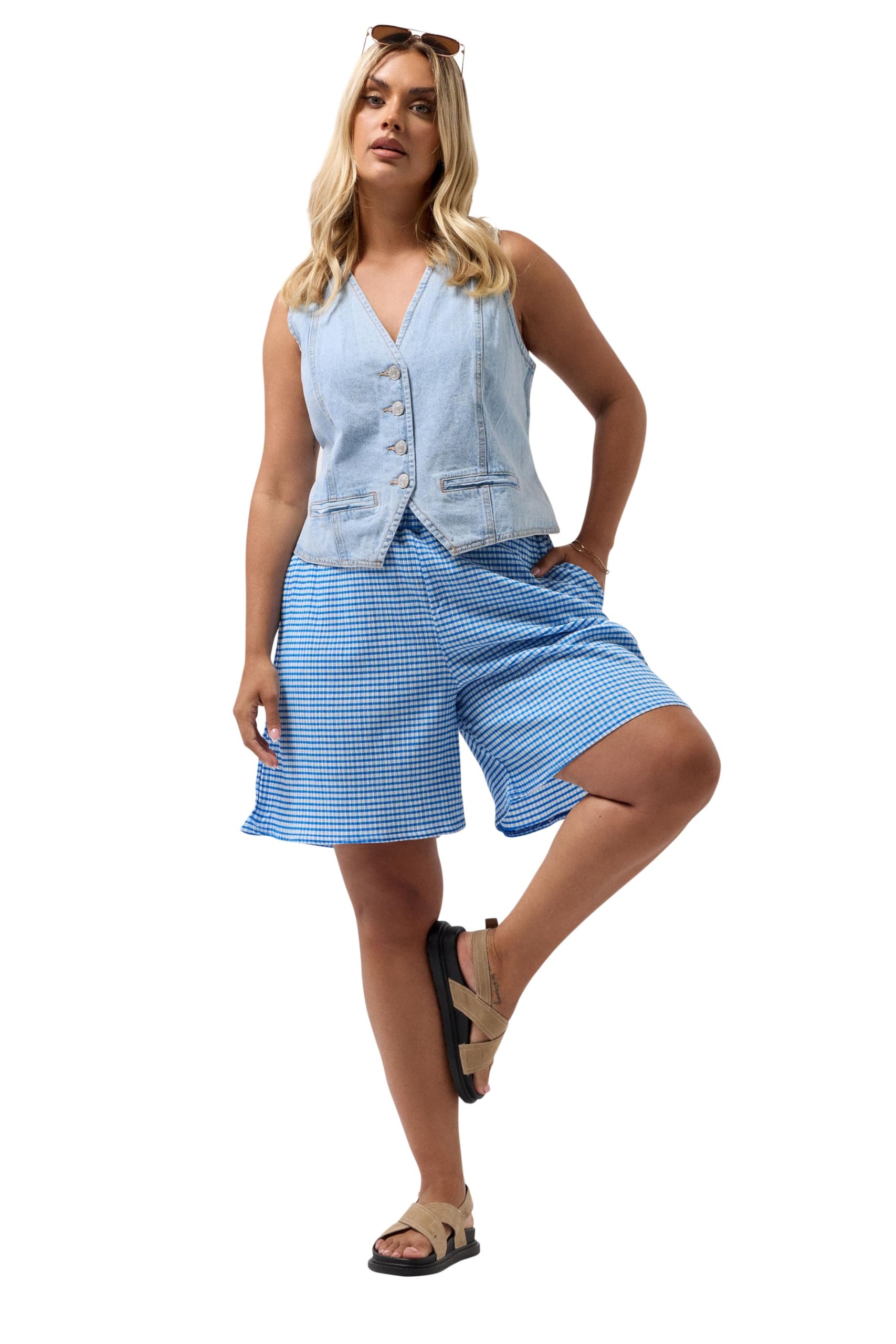 Yours Curve Gingham Textured Shorts - Women's - Plus Size Curve Blue