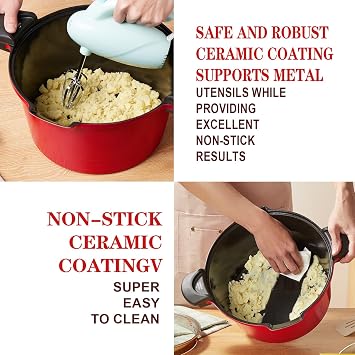 ACTIV CUISINE 5.0qt Pasta Pot with Strainer Lid, Cast Aluminum Stockpot Multipot, Nonstick Ceramic Coating make Cleanup easy with Tempered Glass Lid, Dishwasher Safe, Induction, Red