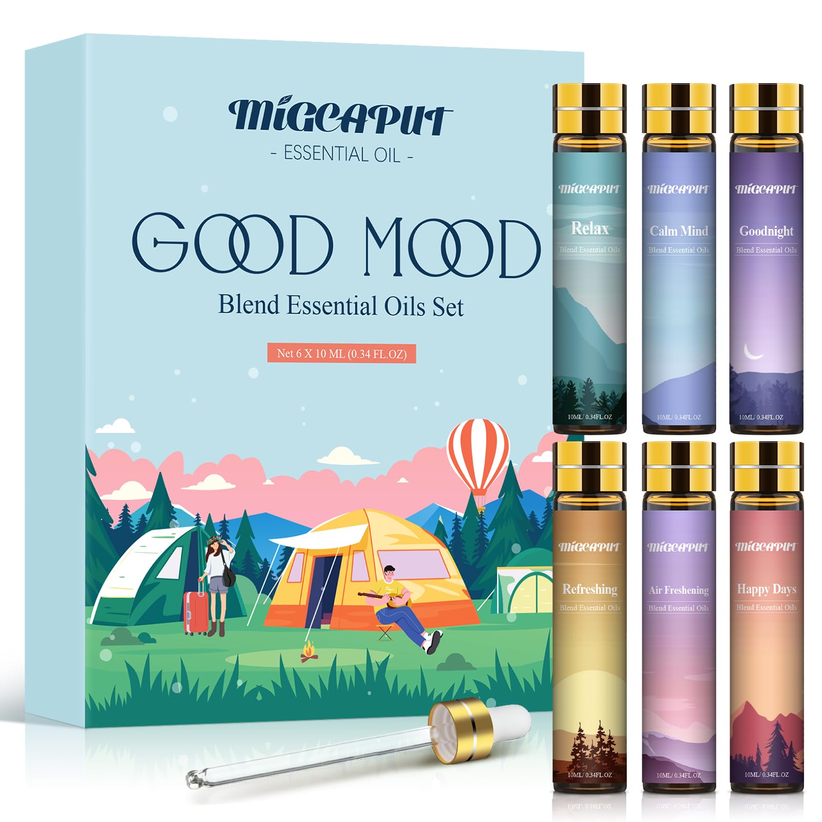 MIGCAPUT Buen Humor Aceites Esenciales Set 6 x 10ML, Aromaterapia Aceites Aromáticos para Humidificador, Difusor, Refrescar el Aire - Relajar/Mente Tranquila/Buenas Noches/Refrescante/Días Felices