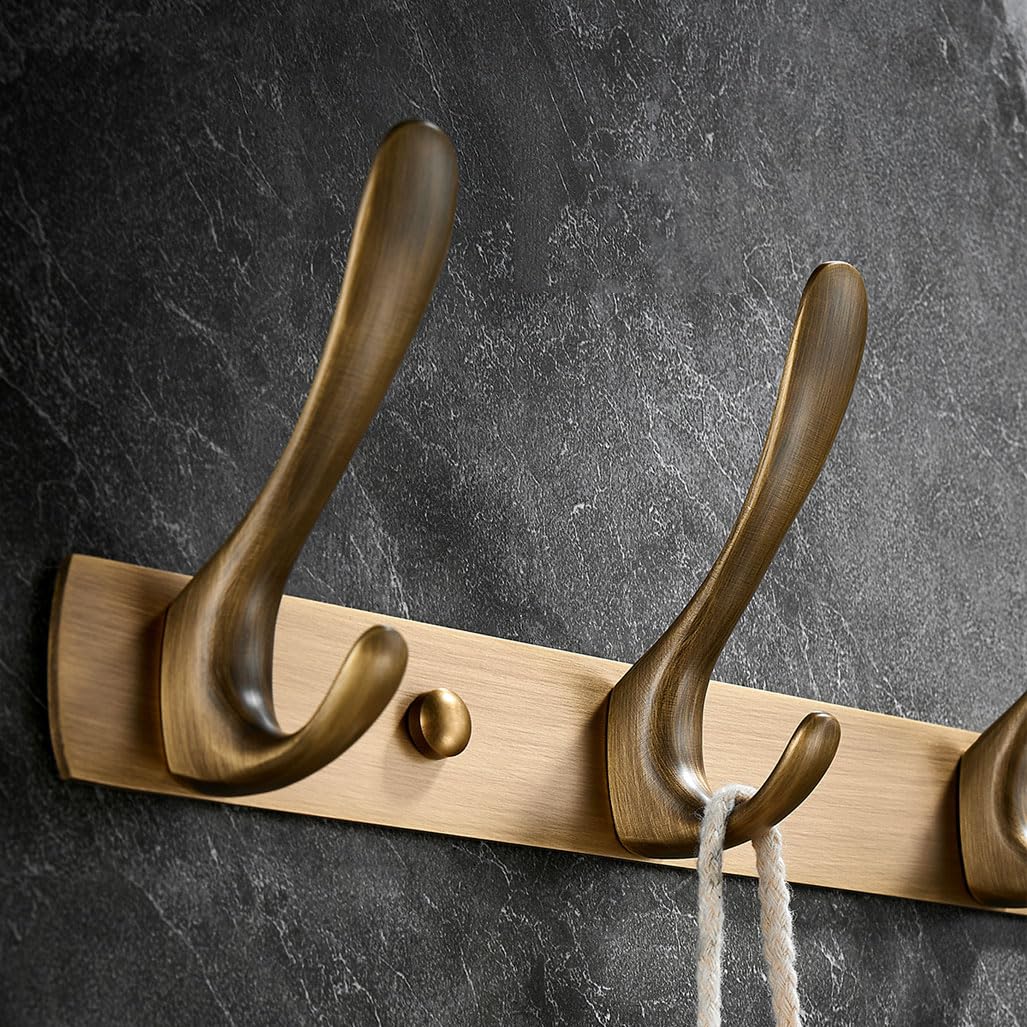 QPKZ Solid Brass Vintage Coat Rack Wall Mount, Heavy Duty Brushed Surface Metal Wall Hooks Hanging Coat Hooks Rail Clothes Towel Racks for Bathroom Entryway Bedroom 5hook