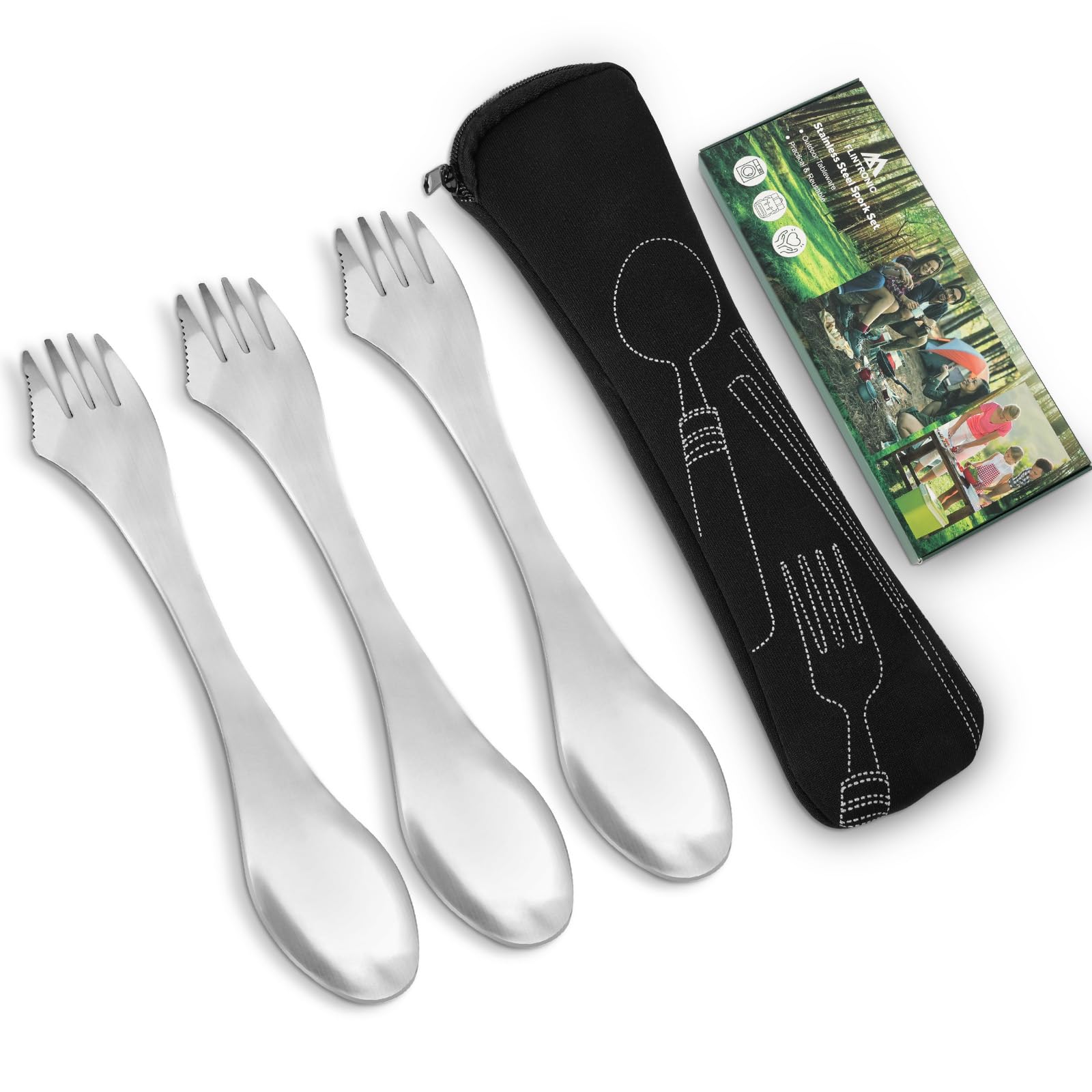 Flintronic 3 Piece Camping Cutlery, 3 in 1 Stainless Steel Flatware Set with Bag, for Travel Outdoor Picnic Office School