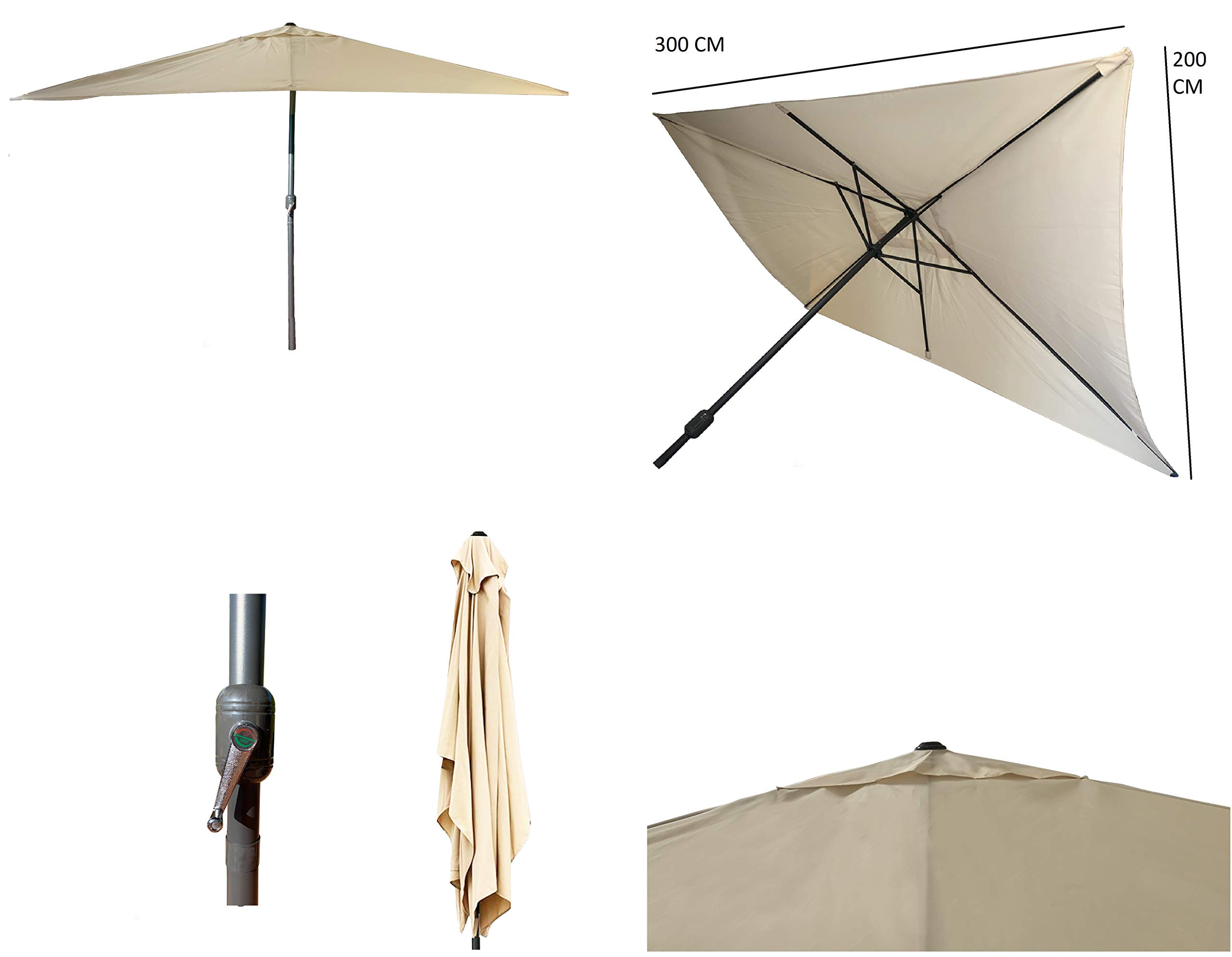 Parasol de Aluminio con ventilación para terraza, Jardin de 300 x 200 cm 6 Varillas mastin Central de 38 mm (Beige 3x2 Rectangular)