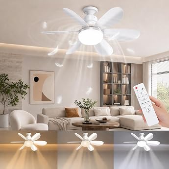 52 cm Ceiling Fan with Lighting and Remote Control 5 Blades DC Ceiling Light with Fan 3 Wind Levels Quiet Dimmable Timer for Living Room Bedroom and Dining Room with Base [Energy Class E]