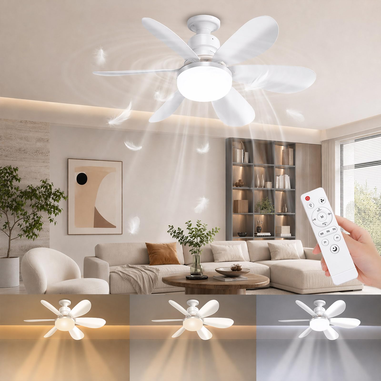 SURPALIG 52CM Ceiling Fans with Lights and Remote, Ceiling Fan Light 40W E27, Base Included, Light Bulb Ceiling 3 Speeds, 3 Dimmable Colors, Timer, Quiet Fan Lights for Living Room Bedroom Kitchen
