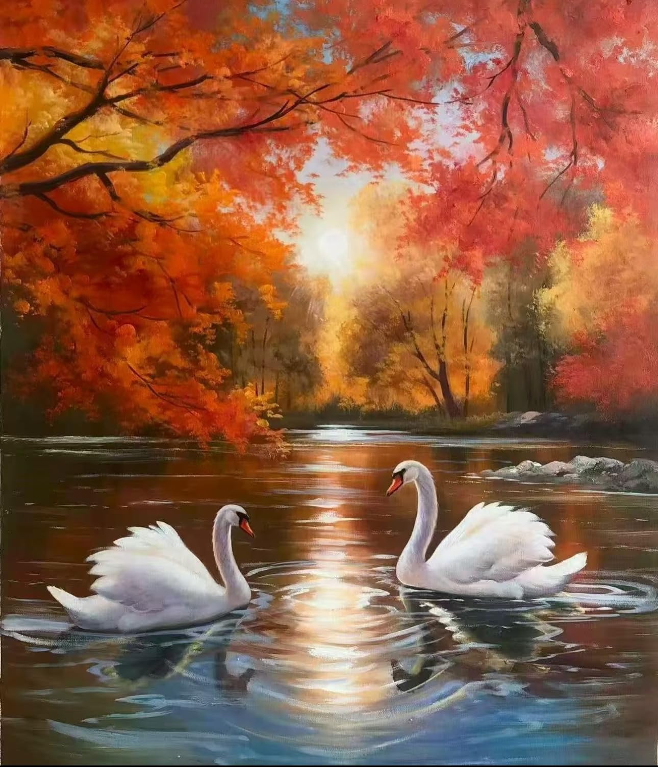 NAHUIGOOD Cross Stitch Kit,DIY Handmade Embroidery Kit with Accurate Print, 11Ct Needlework Set - Swan Lake in Autumn11Ct50X70Cm