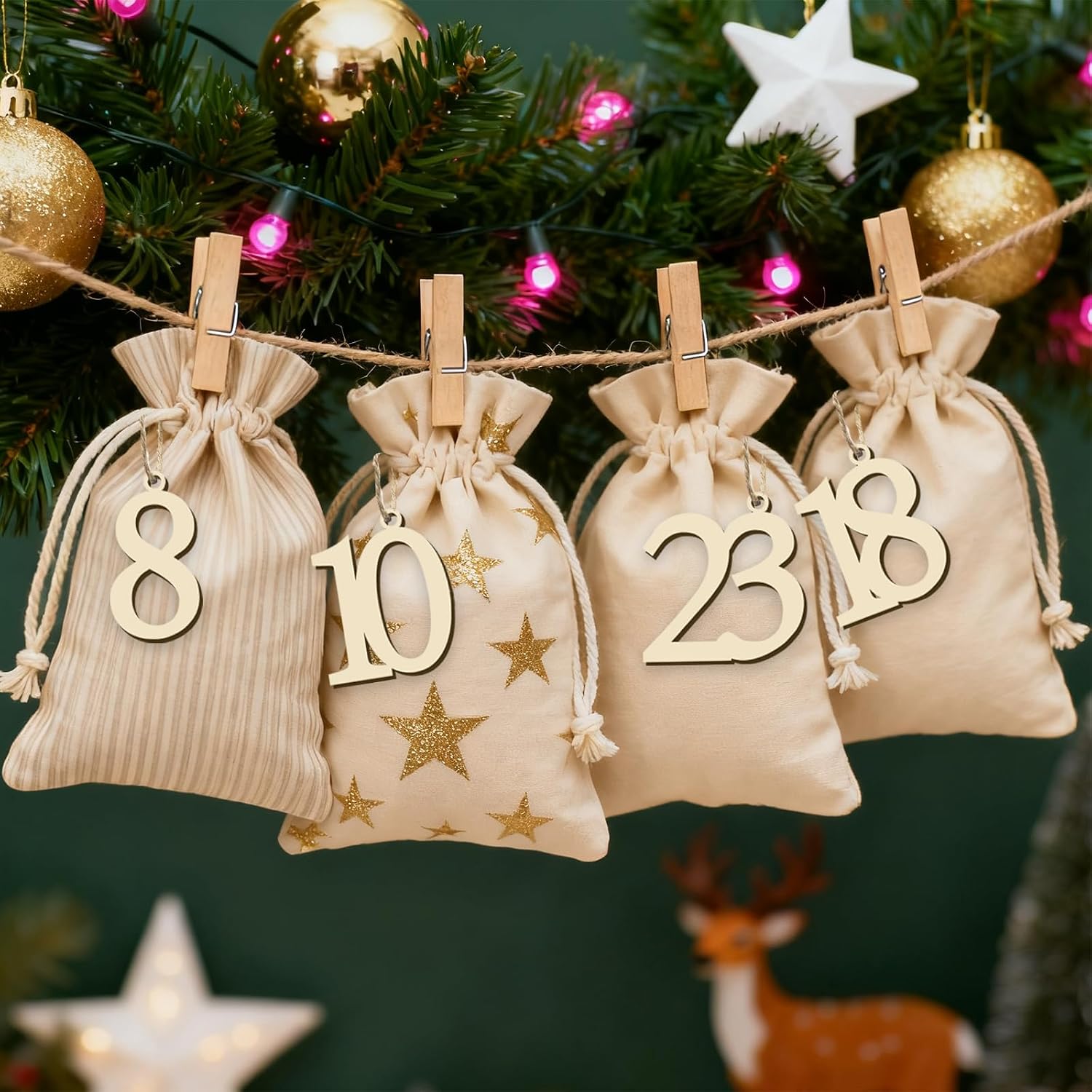 24 Pieces Advent Countdown Calendar Numbers Wooden Christmas Advent Calendar Numbers Tags Wooden Calendar Tags with String for Christmas Calendar