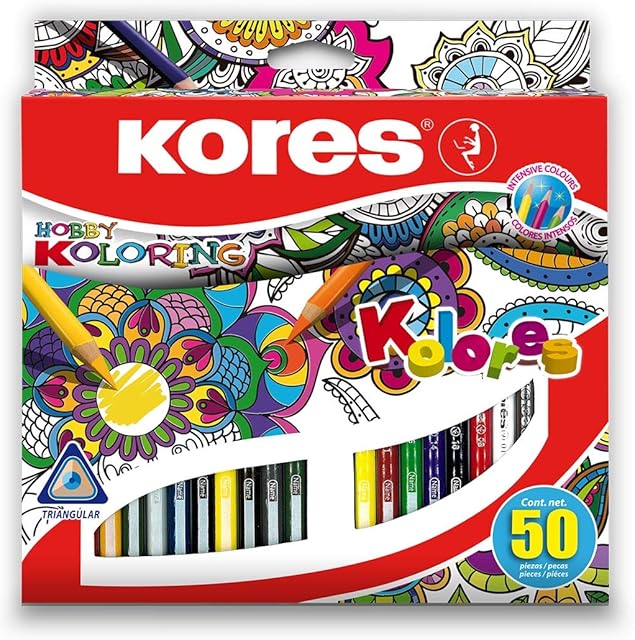 Kores - Kolores: 50 Coloured Pencils for Kids, Beginners and Adults with Soft Lead and Triangular Shape, School Supplies, Set of 50 Assorted Colours