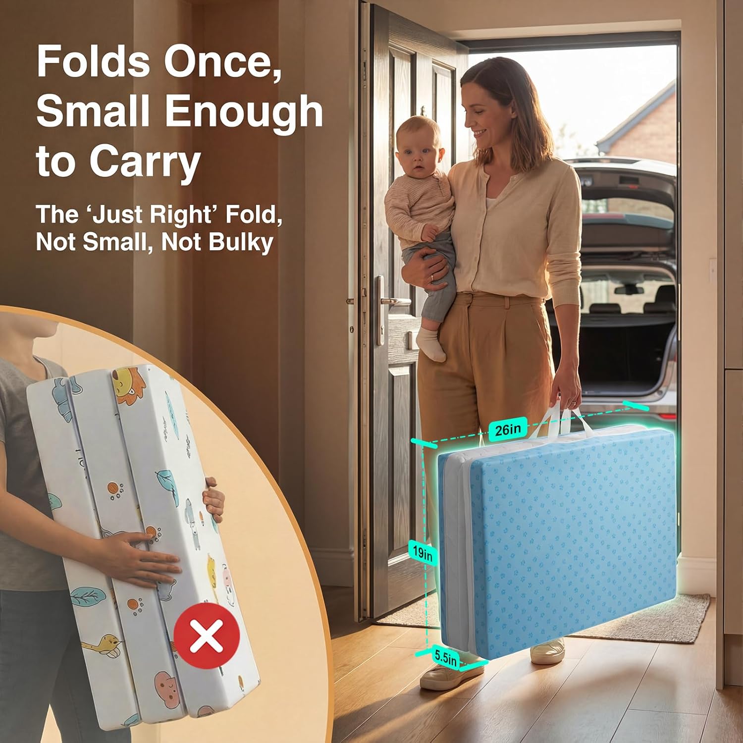 Bi-Fold Pack and Play Mattress, 3 Inch Thick Soft & Firm Memory Foam Breathable Portable Pack n Play Mattresses, Baby Playpen Mattresses with Removable Washable Cover 38x26x3 Inch - Blue