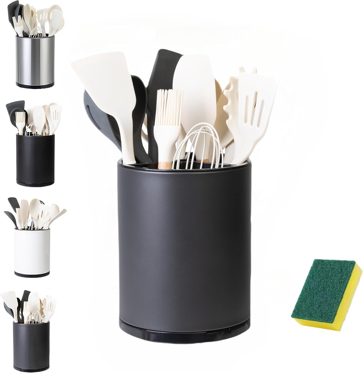 LIBODOUR Utensil Holder,Large 360°Rotating Kitchen Utensil Holder For Counter,Cooking Silverware Organizer Stainless Steel Caddy Flatware Spoon Spatula Tool Cutlery Container