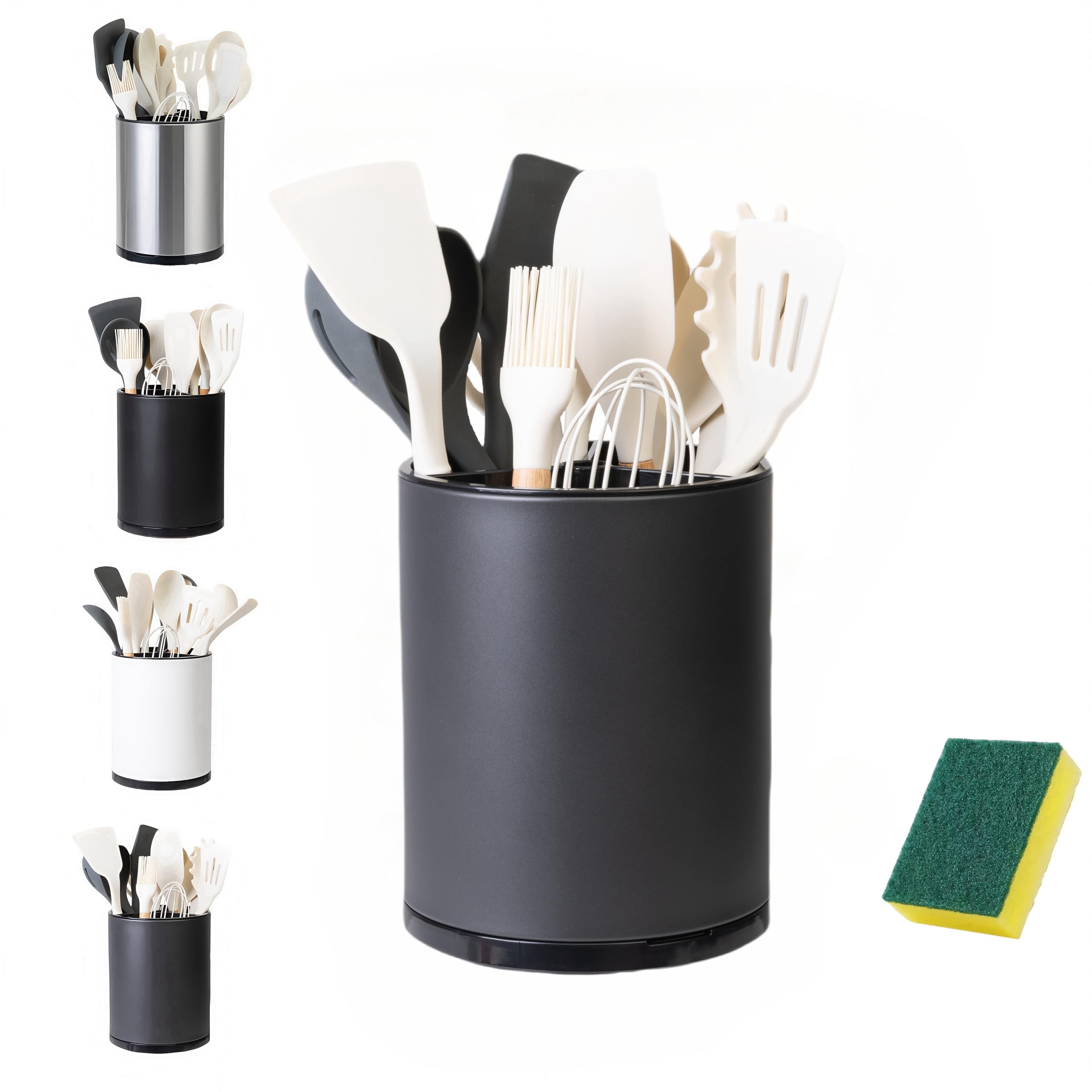 LIBODOUR Utensil Holder,Large 360°Rotating Kitchen Utensil Holder For Counter,Cooking Silverware Organizer Stainless Steel Caddy Flatware Spoon Spatula Tool Cutlery Container