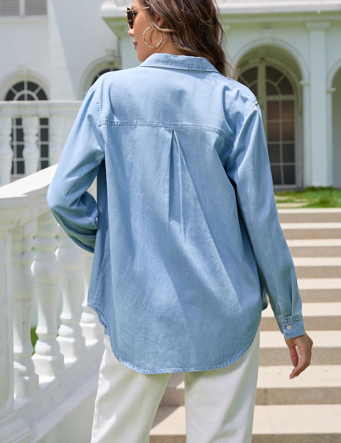 Denim Shirt Women Chambray Western Shirts Casual Long Sleeve Button Down Jean Tops - Image 4