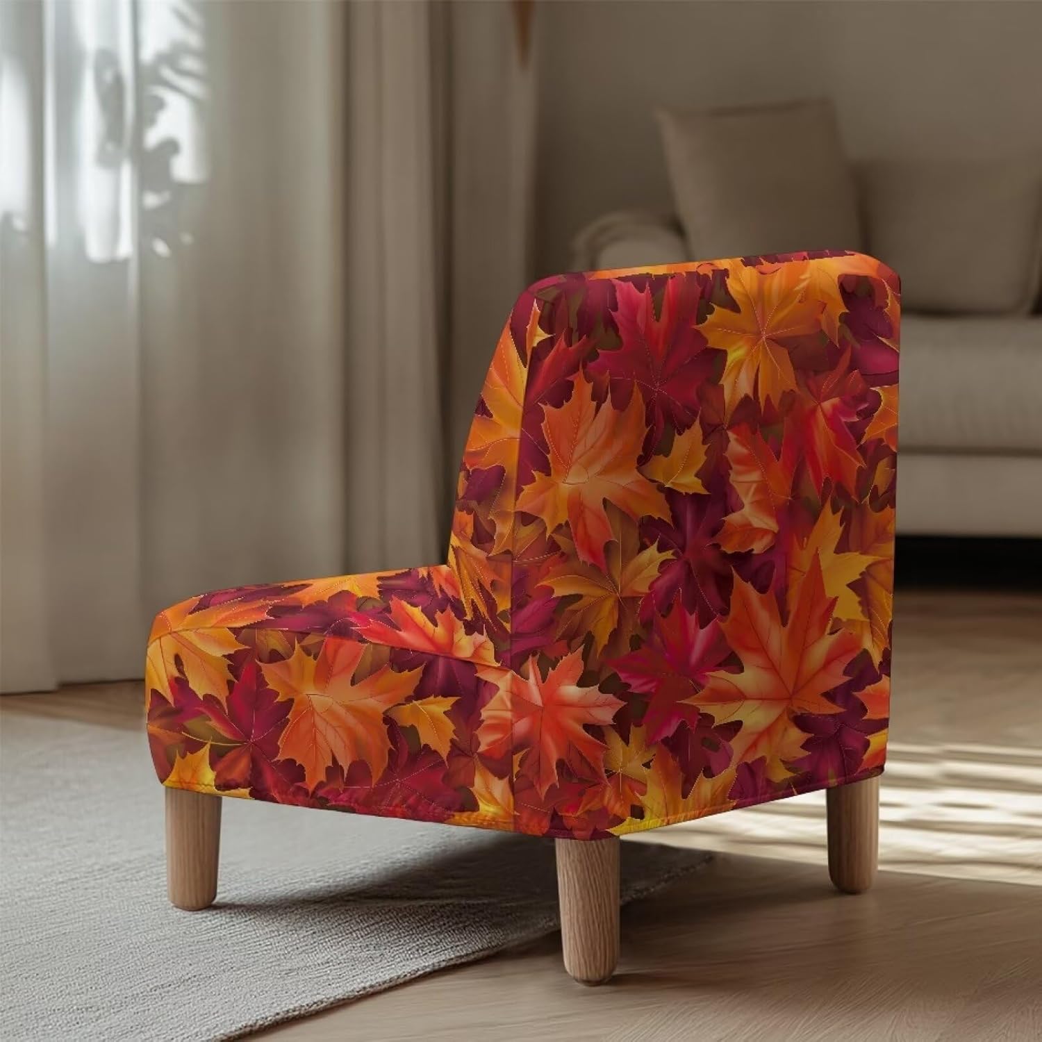 Armless Accent Slipper Chair Covers Stretch Autumn Maple Leaves Dining Chair Covers Without Arms Non-Slip Thanksgiving Decorations Cover with Elastic Bottom for Living Dining Room