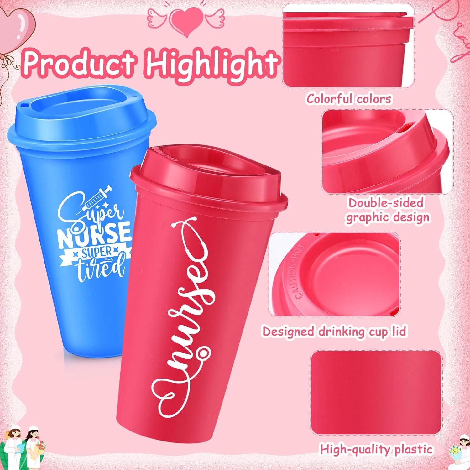 40 Pcs Nurse Plastic Coffee Cups with Lids 16 oz Double Sided Reusable Nursing Plastic Tumblers for Nurse Week Appreciation Gifts(Bright Color,Syringe) - Image 3
