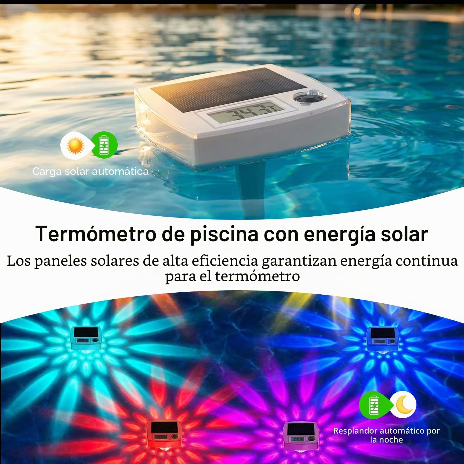 Termómetro de Piscina Digital Solar Flotante con Luz Nocturna RGB - Termómetro de Piscina Impermeable IP68 con Sensores Automáticos Día/Noche, 8 Modos de Luz y Control Manual