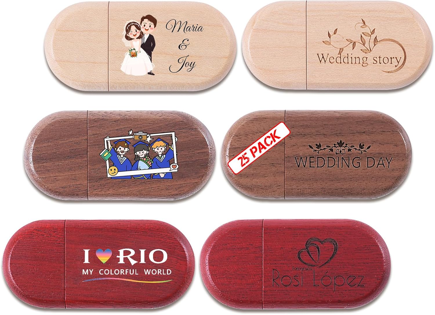 2GB 25Pcs Personalized Wooden USB 2.0 Flash Drive with Linen Bags, Bulk Handmade Custom Wood Thumb Drives, Engraved Your Logo & Text on Memory Sticks for School/Wedding/Corporate Gifts/Photography