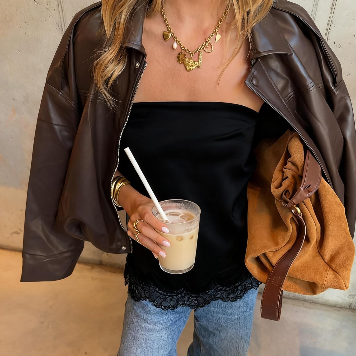 Women Satin Tube Top Sleeveless Strapless Lace Trim Flowy Cami Shirt Solid Color Lace Patchwork Bandeau Top - Image 3