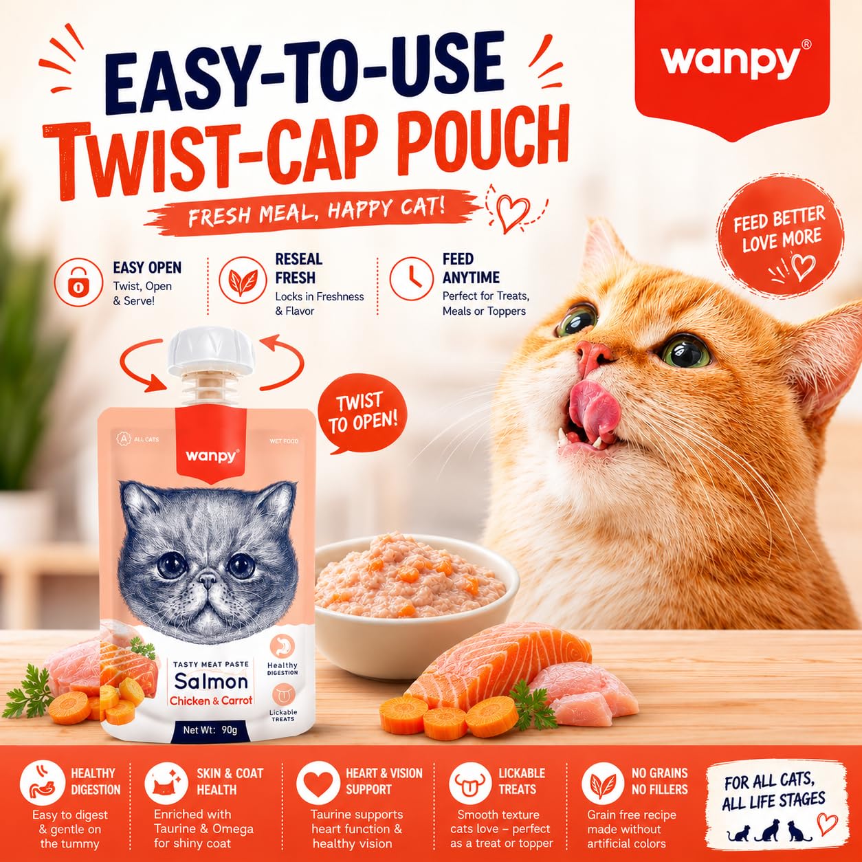 Wanpy Tasty Meat Paste Cat Treat, Salmon Chicken & Carrot, 90g | Creamy Lickable Wet Cat Treat | Real Meat | High Protein | Healthy Digestion | Meal Topper | for All Cats & Life Stages (Pack of 4) 1