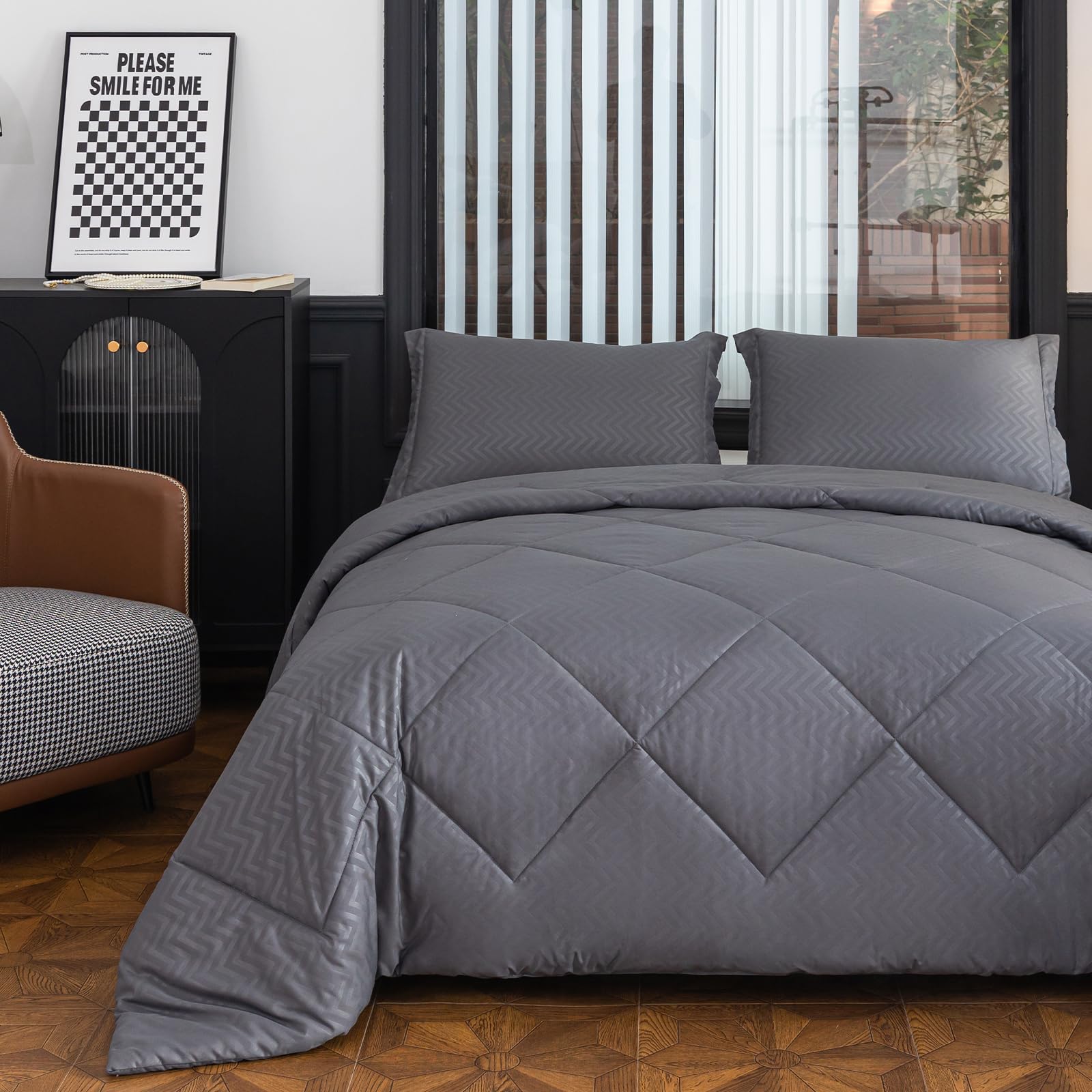 King Size Dark Gray Comforter Set, 3 Piece Boho Striped Pattern Bedding Sets with Extra Soft Cozy Quilt Warm Fluffy Comforter & 2 Pillowcases for College, Apartment, Bedroom