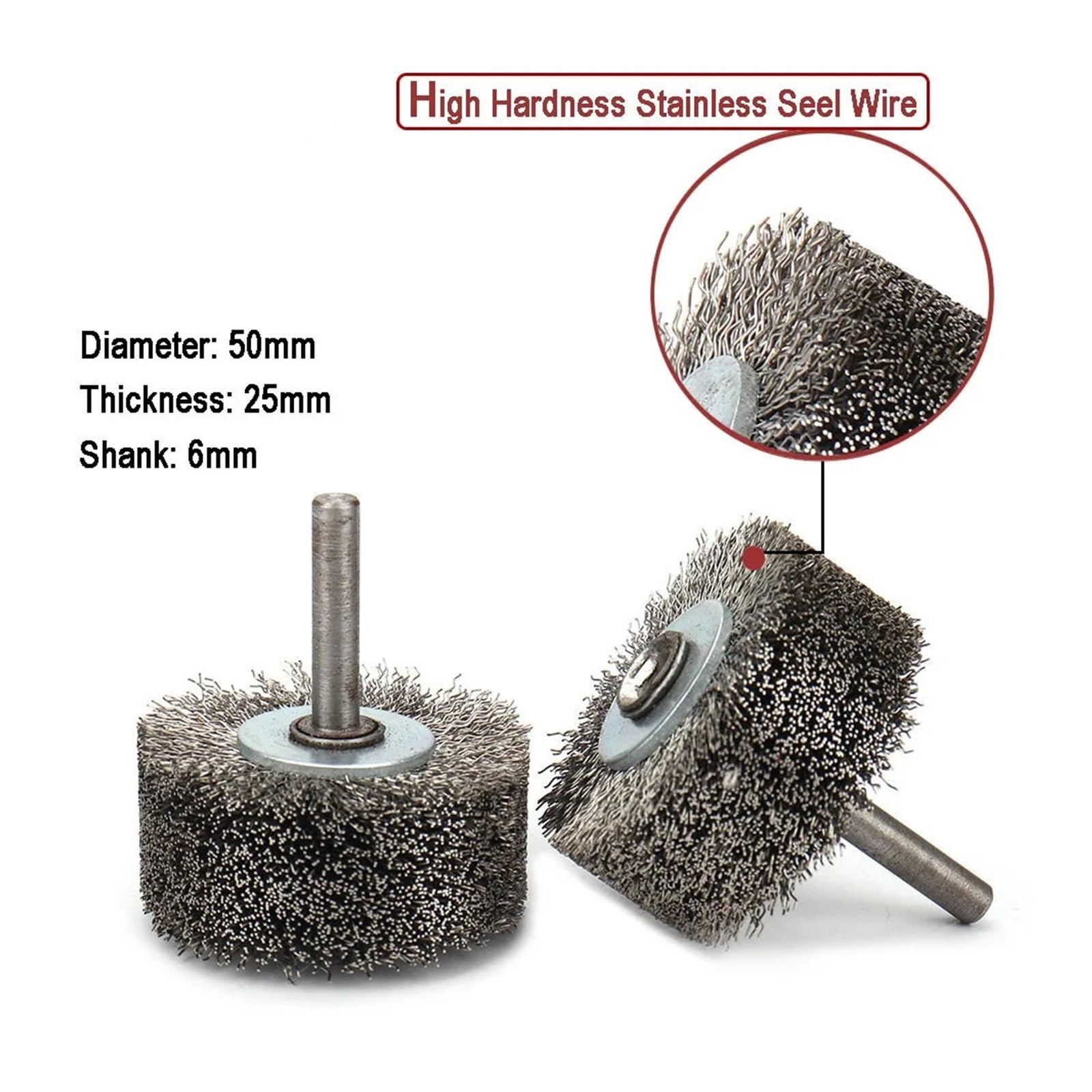 Wiertła z drucianymi szczotkami, Szczotka druciana ze stali nierdzewnej 50x25mm 6mm do usuwania metalu i polerowania(2pc)
