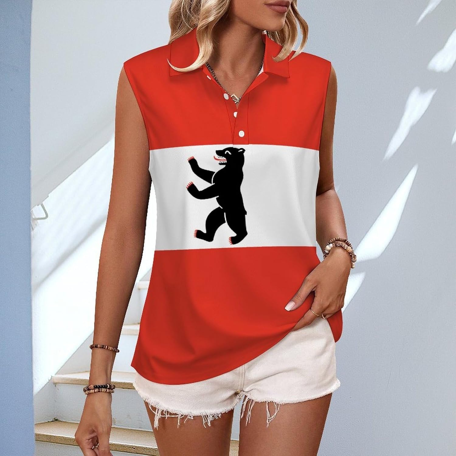 Flag of Berlin Women Sleeveless Collared Golf Polo Shirt | V Neck Tank Top,Breathable Tennis Shirts