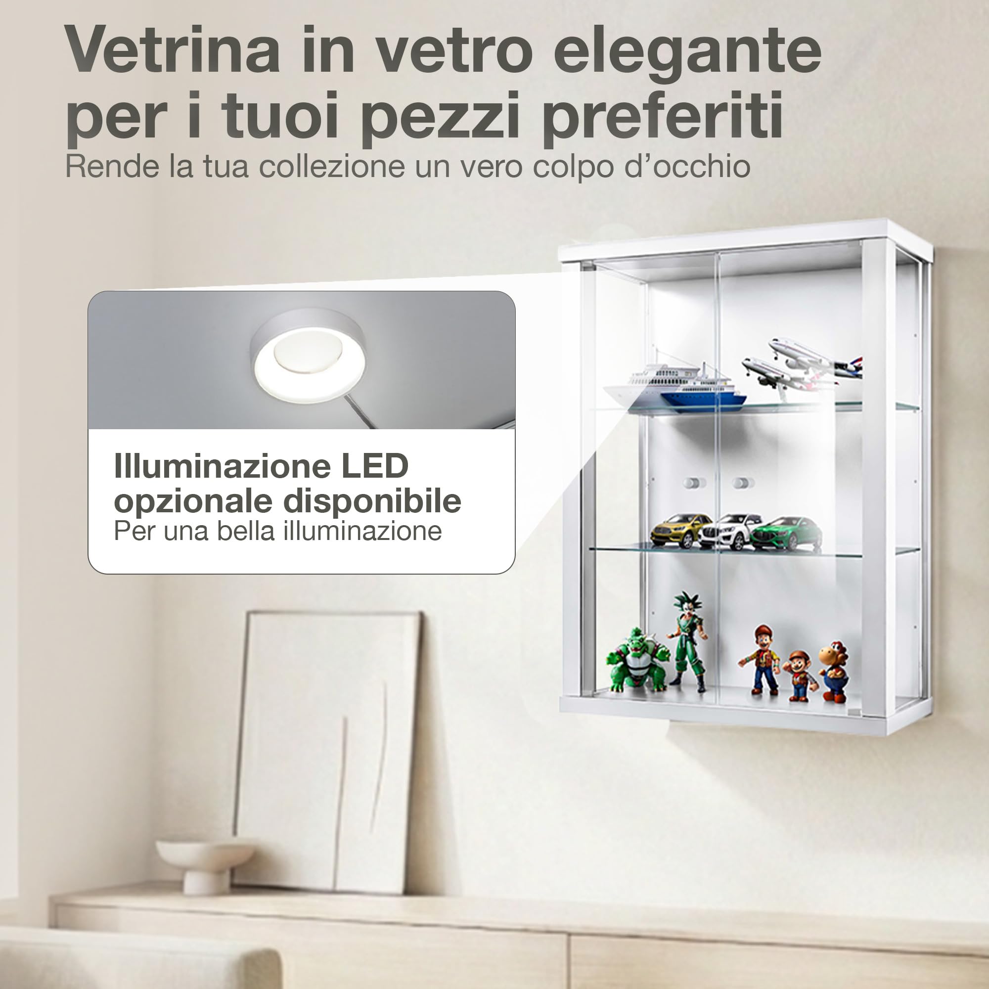 Vetrina in vetro bianco (80x60x25 cm) con 2 ripiani in vetro regolabili in altezza - Vetrina per modellini di auto bianco - Vetrina per collezionisti