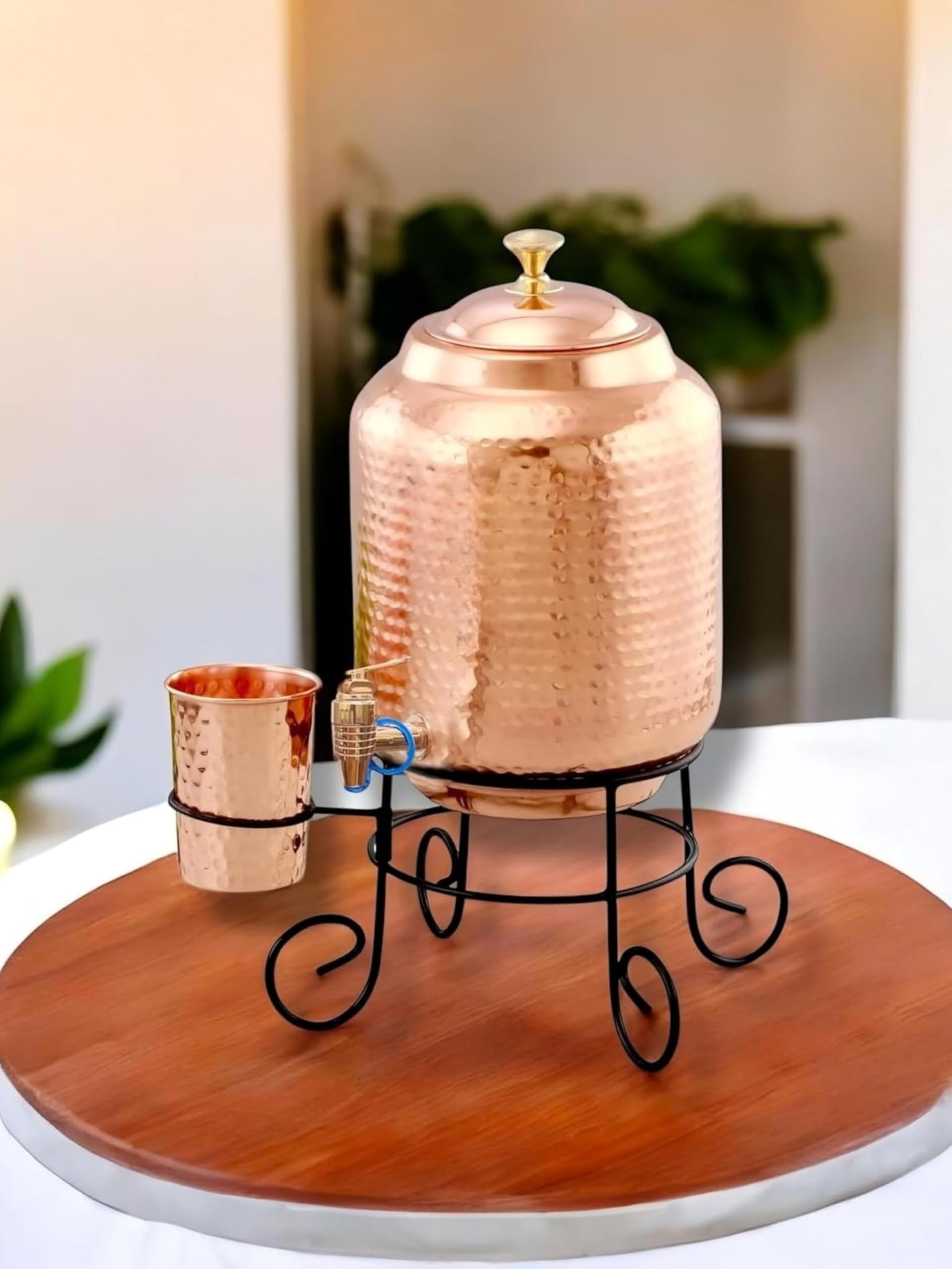 5 Litre Hammered Water Dispenser (Matka/Pot) Container Pot with 1 Copper Glass and Stand Pure Copper and Ayurvedic Health Benefits (5000 ml)