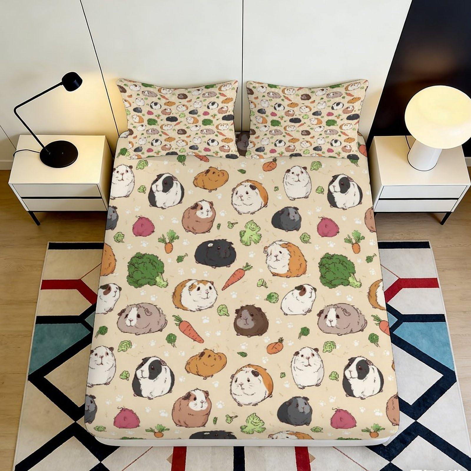 3D Printed Guinea Pig Pattern Fitted Sheet Microfiber Deep Pocket Bedroom Bedding Cute Guinea Pig Mattress Fitted Cover Non-Slip Washable 200x200x25cm 90x200x25cm